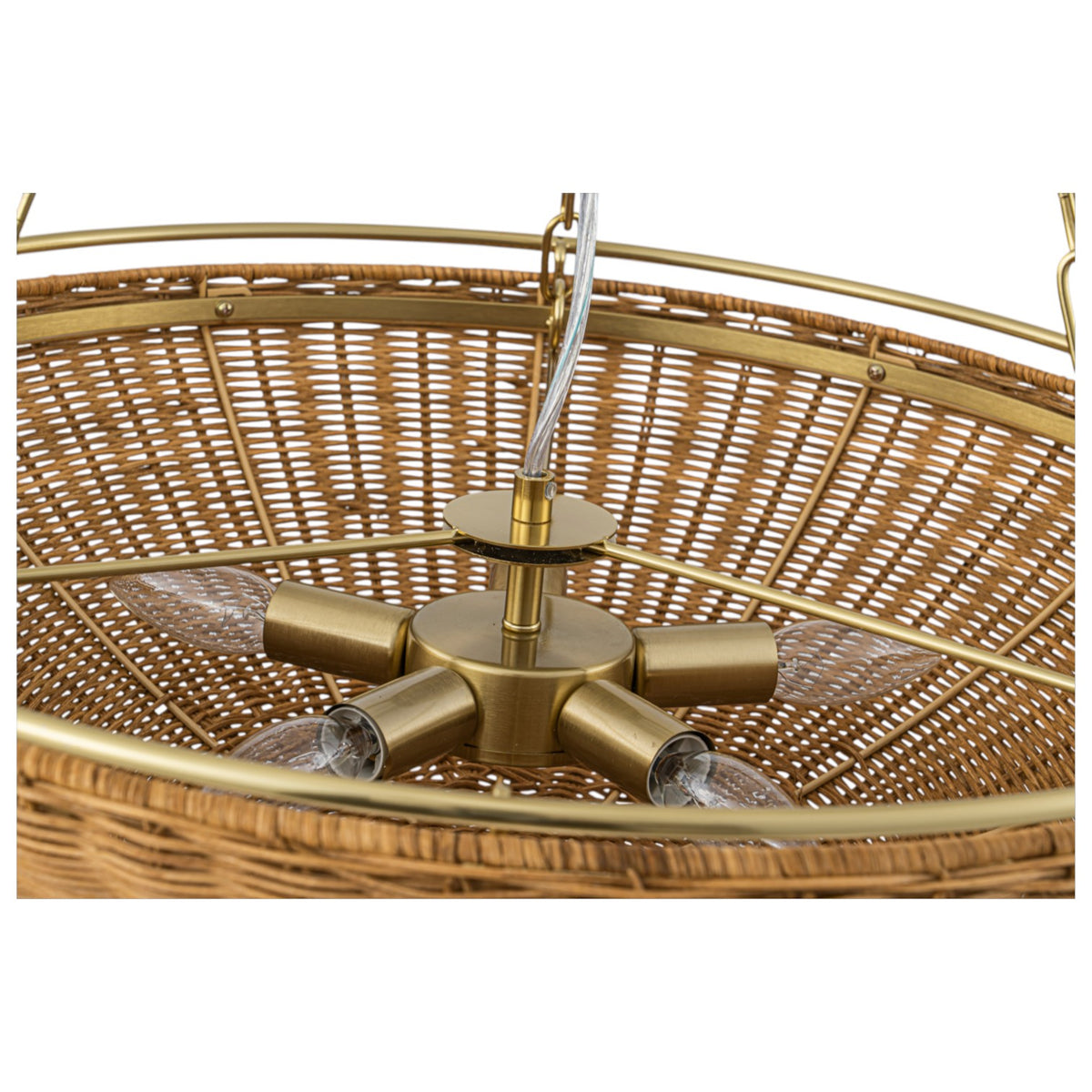 Glowlings 5-Light Modern Organic Brass Rattan Bowl Pendant Light Handwoven Wicker Chandelier