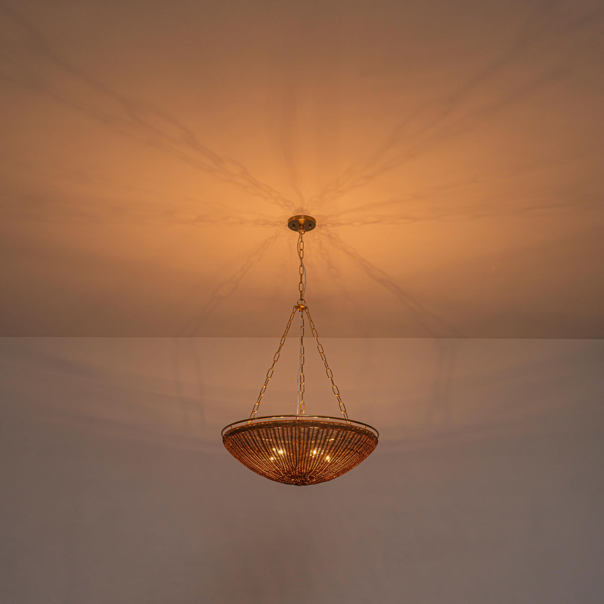 Glowlings 5-Light Modern Organic Brass Rattan Bowl Pendant Light Handwoven Wicker Chandelier