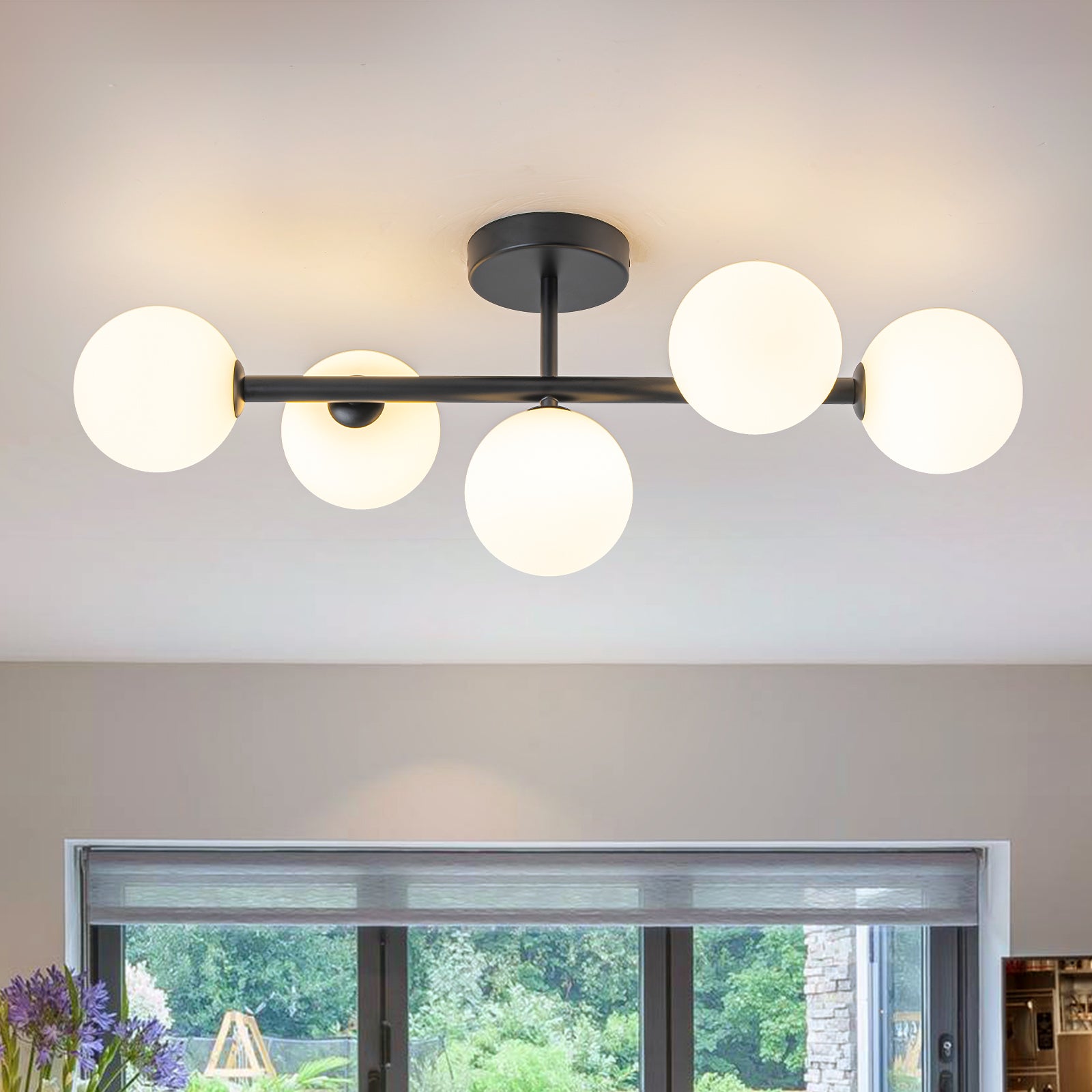 Glowlings 5-Light Modern 26"Wide Brass Sputnik Opal Glass Globe Linear Semi Flush Mount