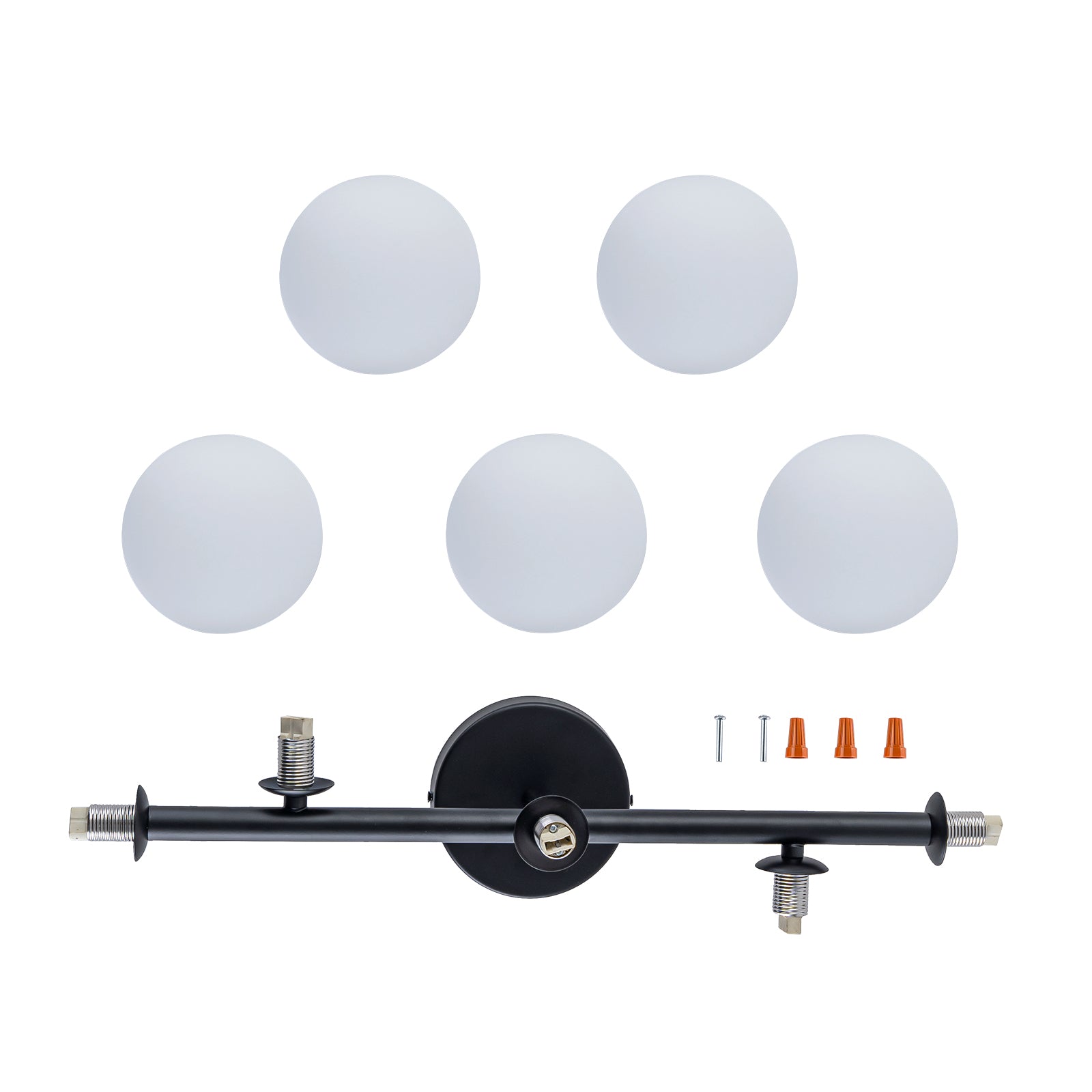 Glowlings 5-flammige, moderne 66 cm breite Sputnik-Opalglas-Kugelleuchte aus Messing, lineare, halbbündige Montage