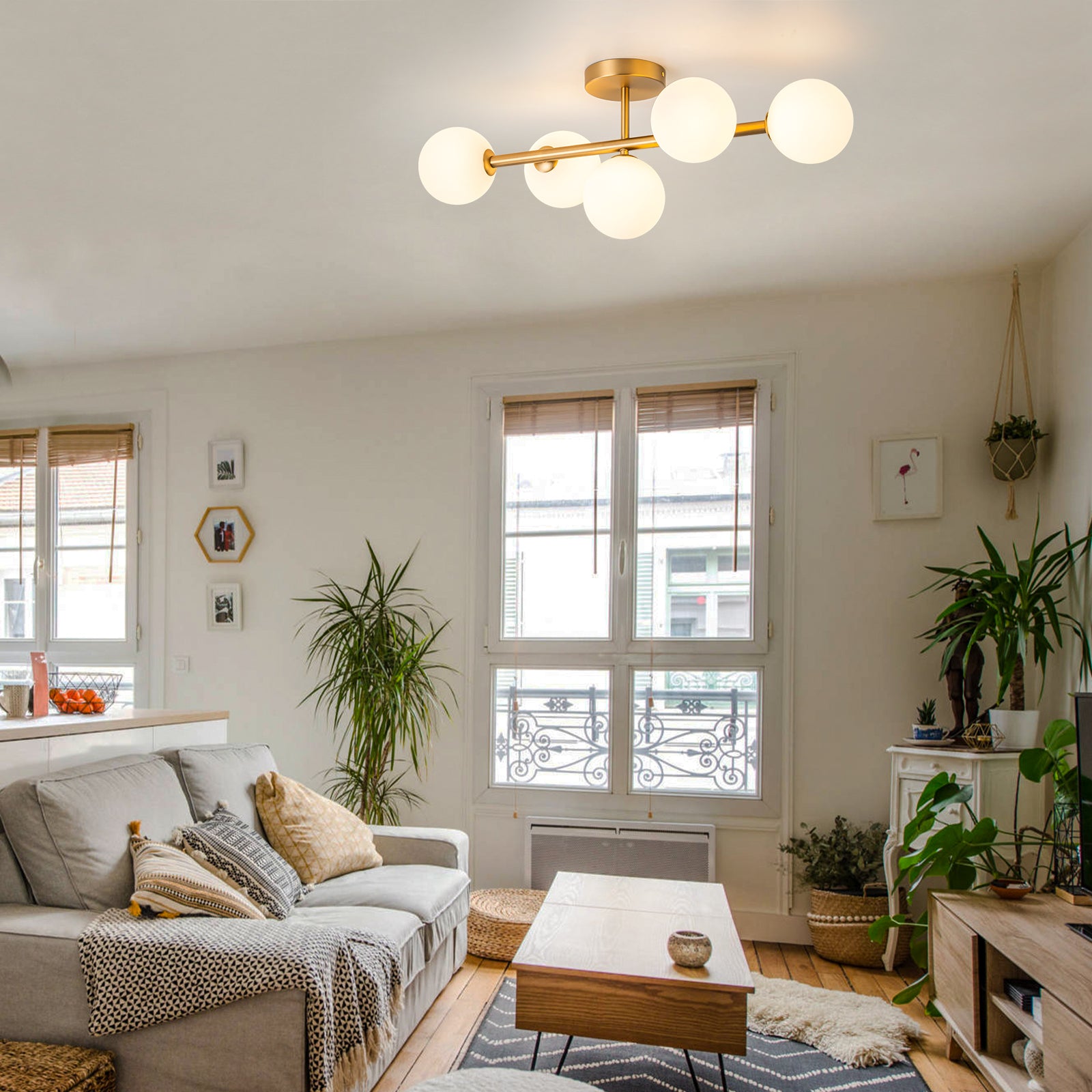 Glowlings 5-Light Modern 26"Wide Brass Sputnik Opal Glass Globe Linear Semi Flush Mount