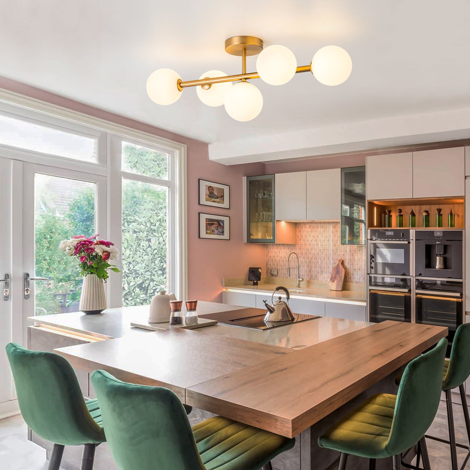 Glowlings 5-Light Modern 26"Wide Brass Sputnik Opal Glass Globe Linear Semi Flush Mount