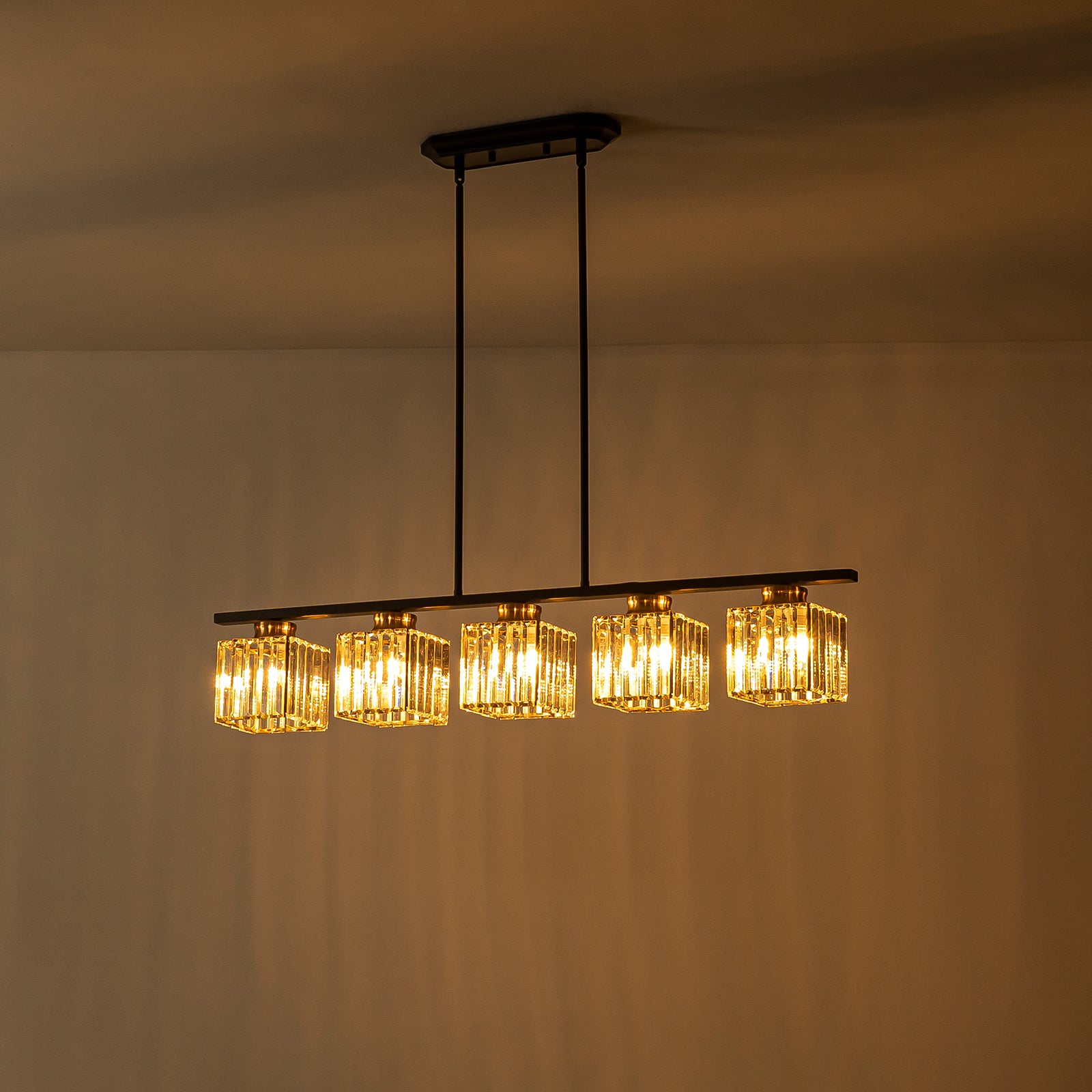 Glowlings 5-flammige, moderne, 101,6 cm breite, quadratische, lineare Pendelleuchte aus klarem Kristall, Inselleuchte