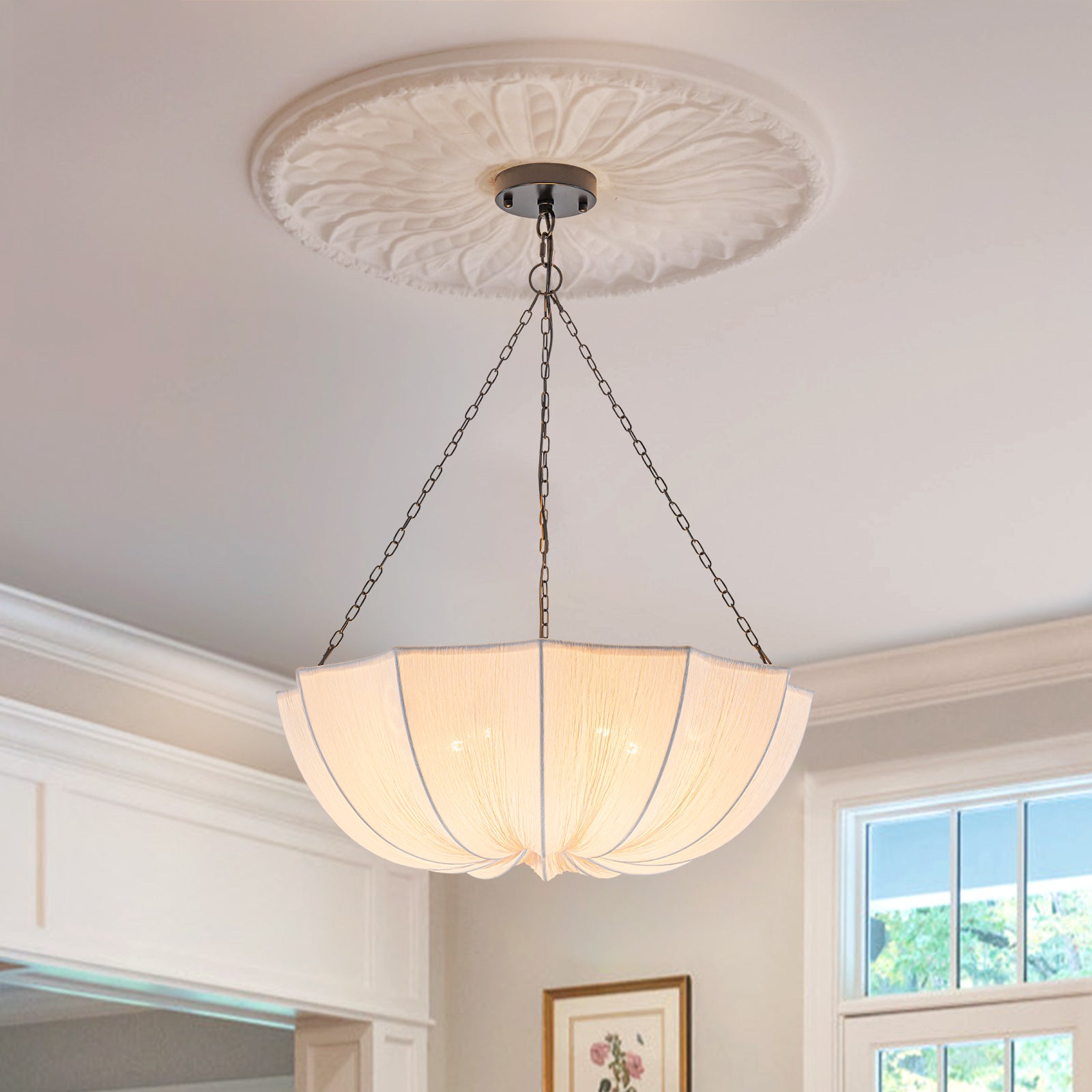 Glowlings 5-Light Modern 24"Wide Textured White Fabric Flower Shape Chandelier