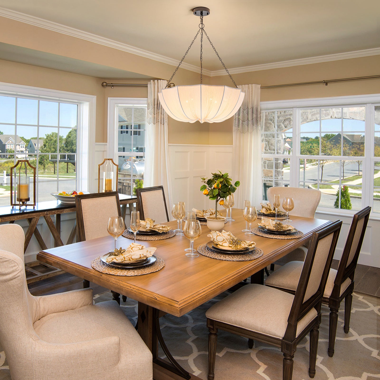 Glowlings 5-Light Modern 24"Wide Textured White Fabric Flower Shape Chandelier