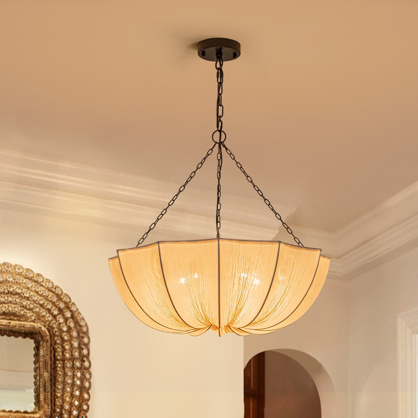 Glowlings 5-Light Modern 24"Wide Textured White Fabric Flower Shape Chandelier