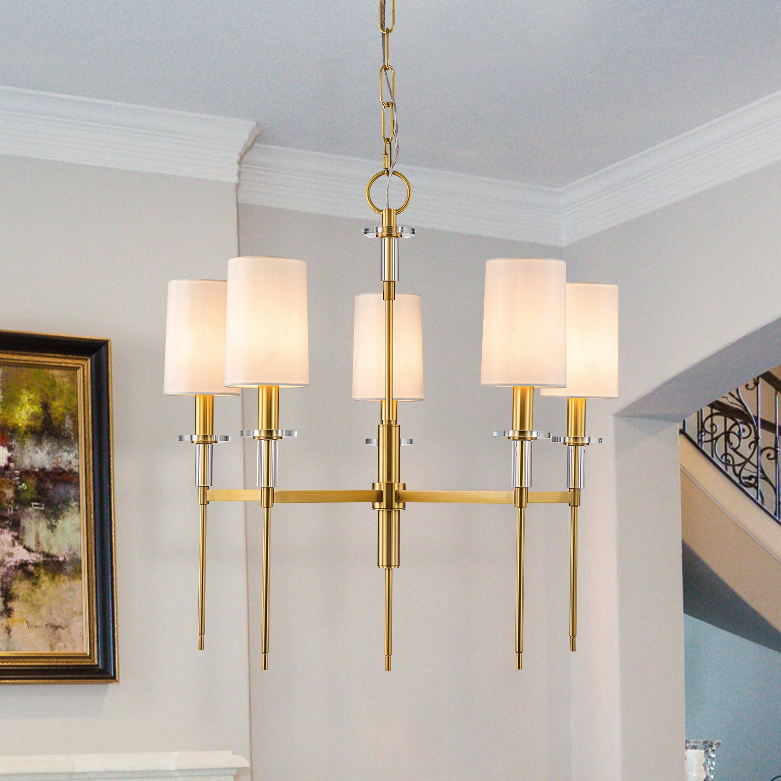 Visual Comfort Chandelier Hanging Light, New, Aged Brass, Six