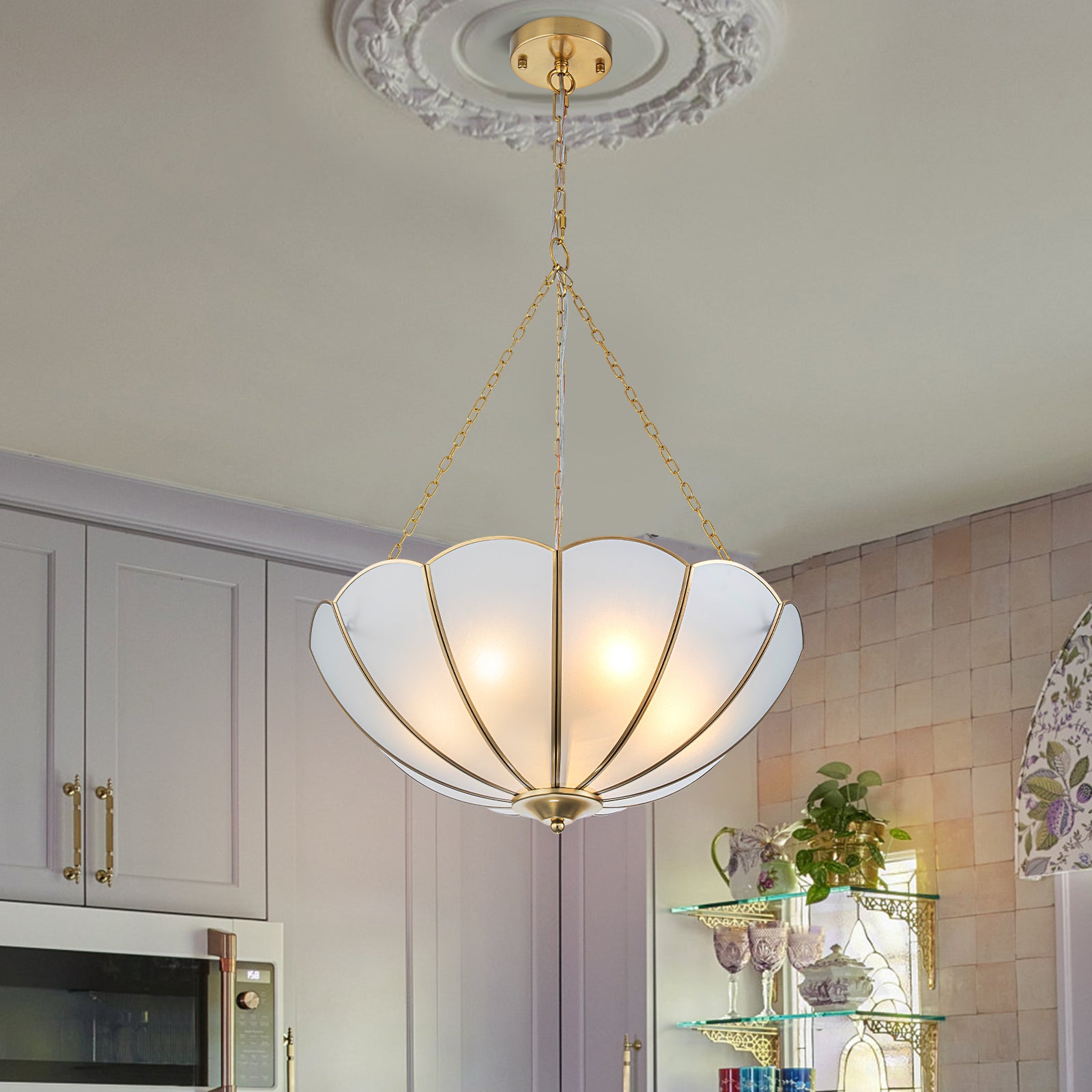 Glowlings 5-Light Vintage 20"Wide Brass Flower Shape Frosted Glass Chandelier/Semi-Flush Mount