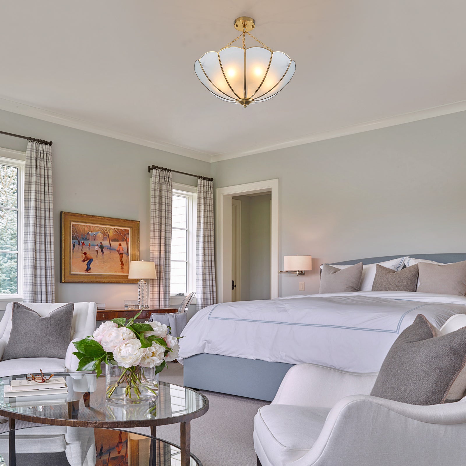 Glowlings 5-Light Vintage 20"Wide Brass Flower Shape Frosted Glass Chandelier/Semi-Flush Mount