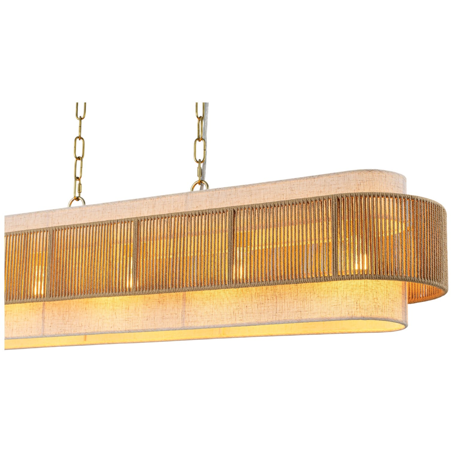 Glowlings 5-Light Vintage 42"Wide Large Aged Brass Linear Hand-woven Jute Rope Natural Fabric Chandelier