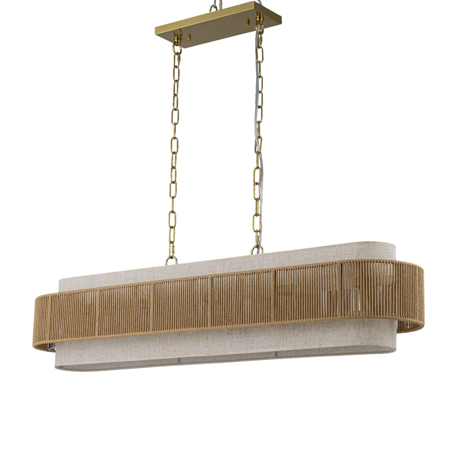 Glowlings 5-Light Vintage 42"Wide Large Aged Brass Linear Hand-woven Jute Rope Natural Fabric Chandelier