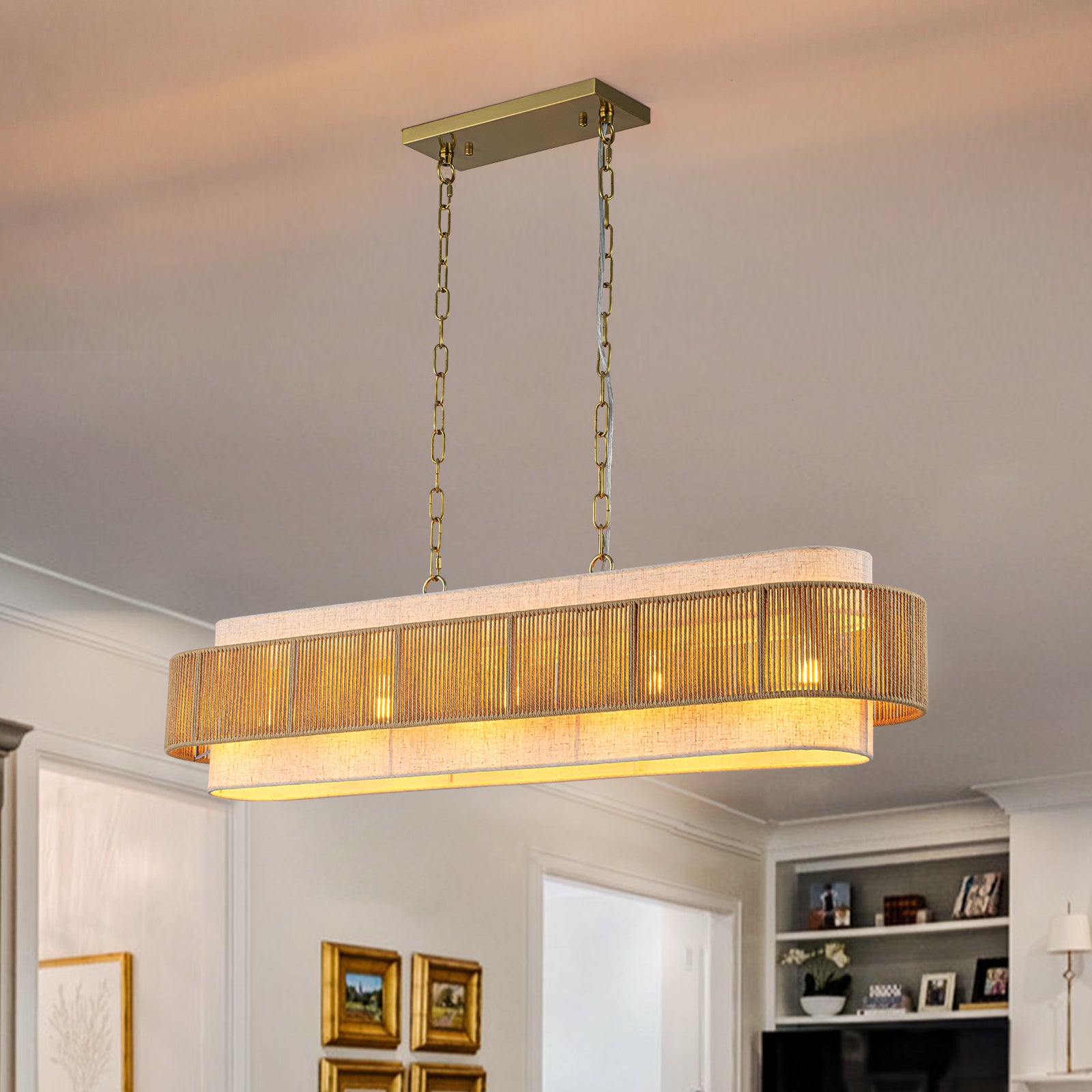 Glowlings 5-Light Vintage 42"Wide Large Aged Brass Linear Hand-woven Jute Rope Natural Fabric Chandelier