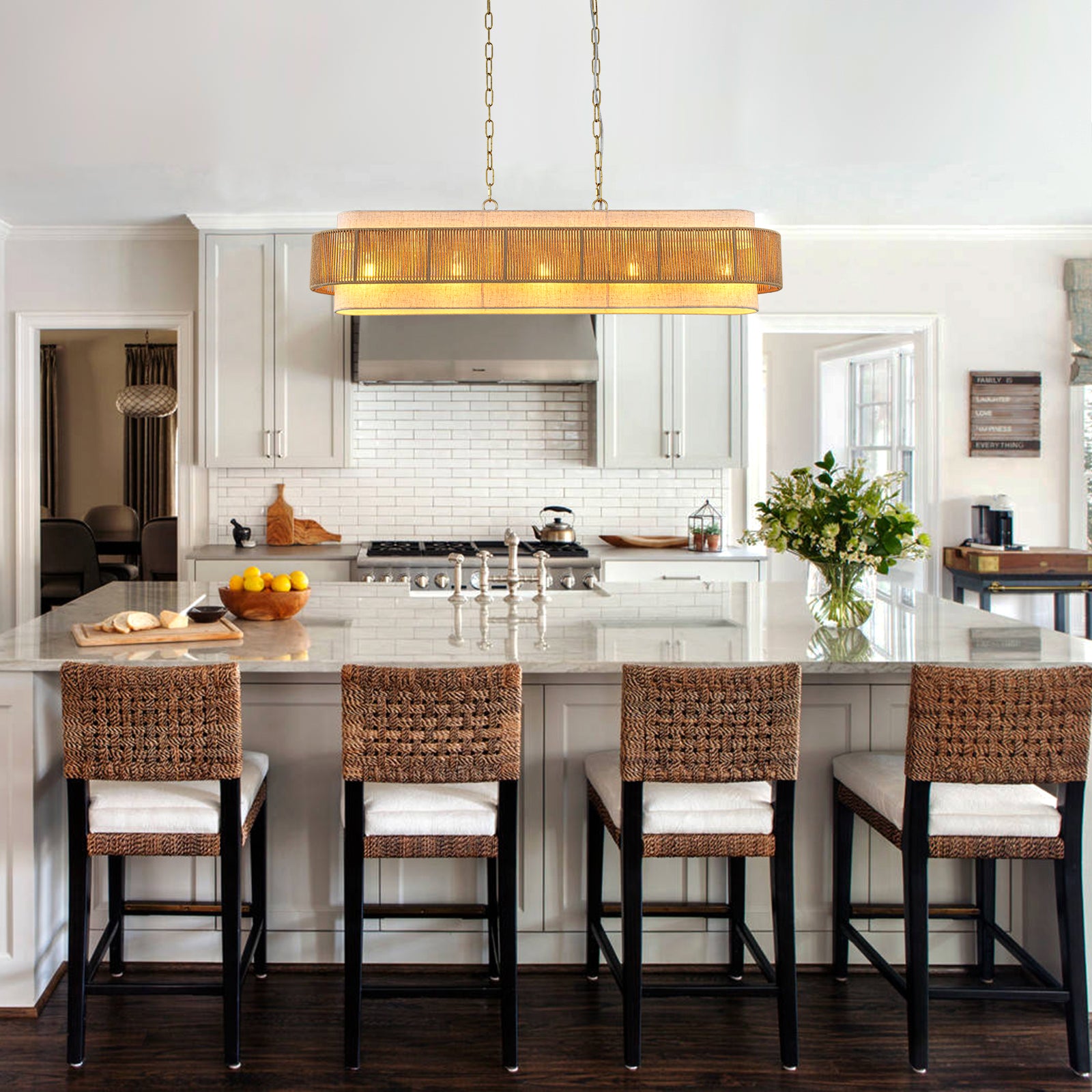 Glowlings 5-Light Vintage 42"Wide Large Aged Brass Linear Hand-woven Jute Rope Natural Fabric Chandelier