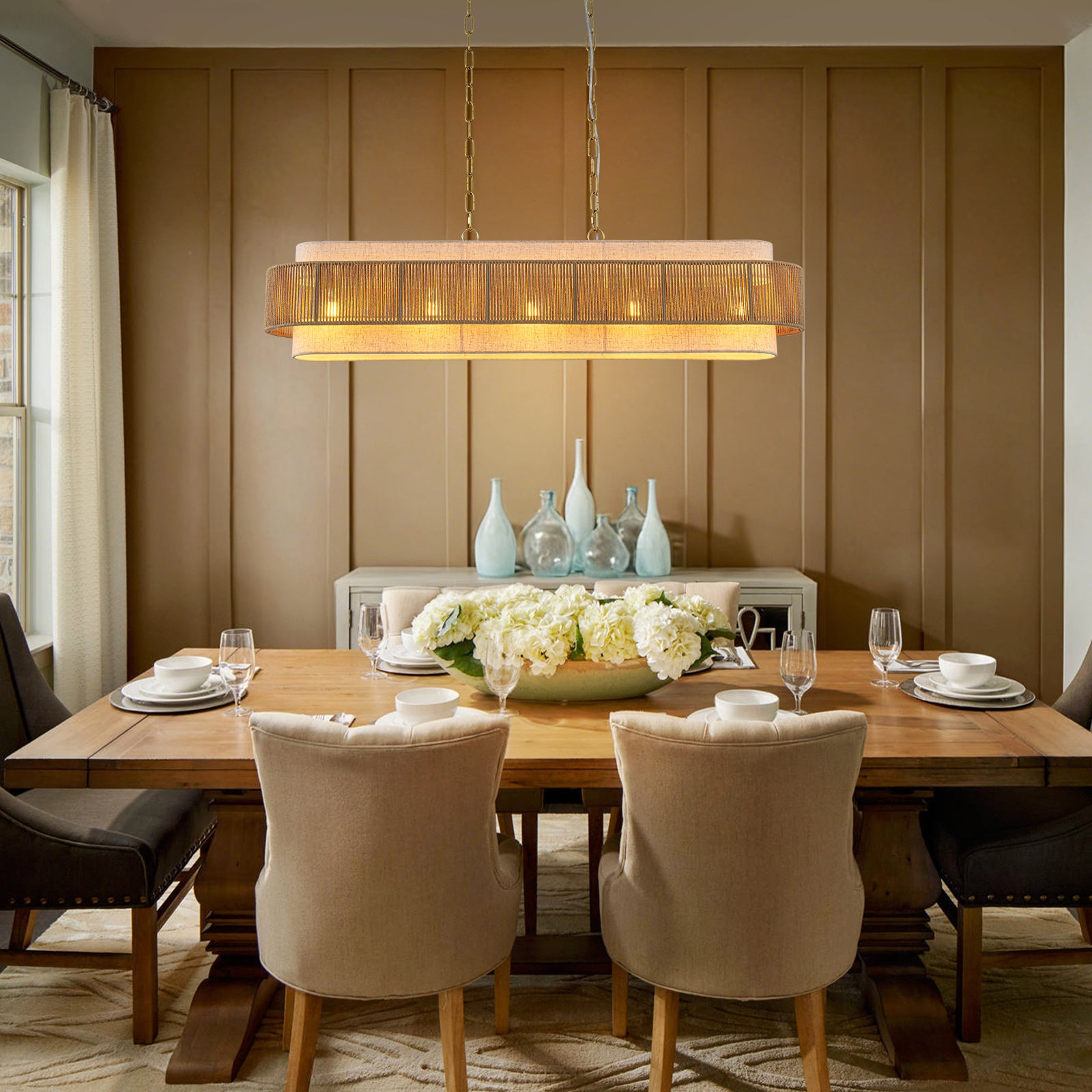 Glowlings 5-Light Vintage 42"Wide Large Aged Brass Linear Hand-woven Jute Rope Natural Fabric Chandelier