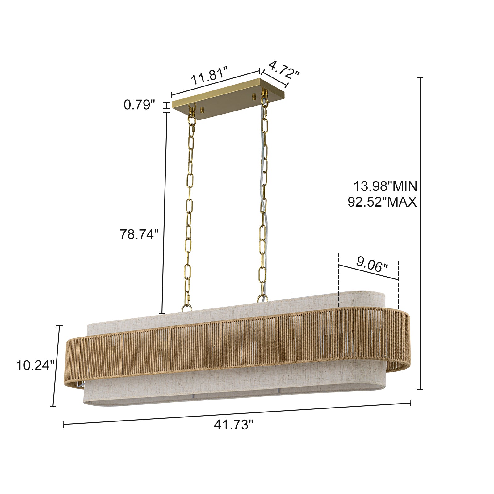 Glowlings 5-Light Vintage 42"Wide Large Aged Brass Linear Hand-woven Jute Rope Natural Fabric Chandelier