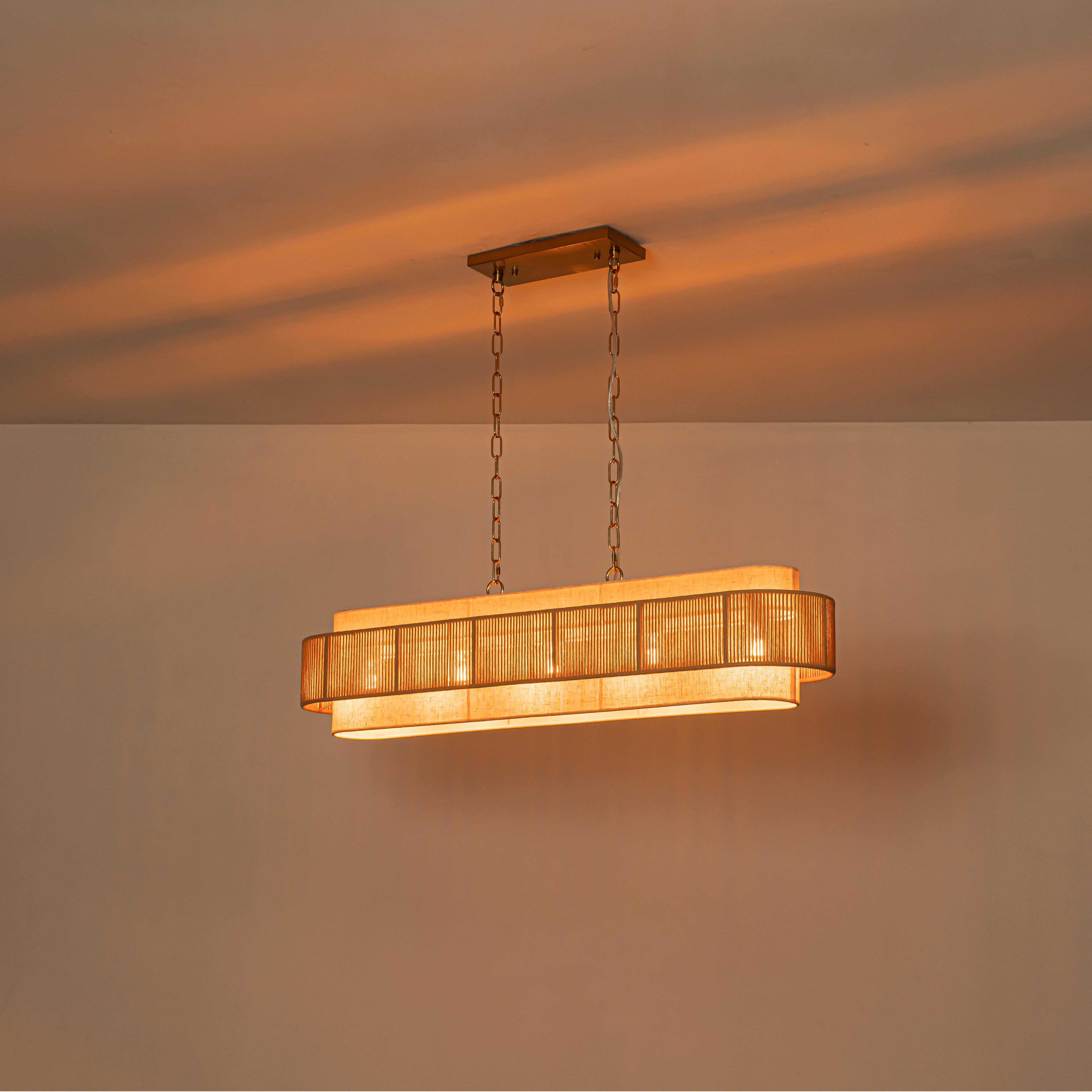 Glowlings 5-Light Vintage 42"Wide Large Aged Brass Linear Hand-woven Jute Rope Natural Fabric Chandelier