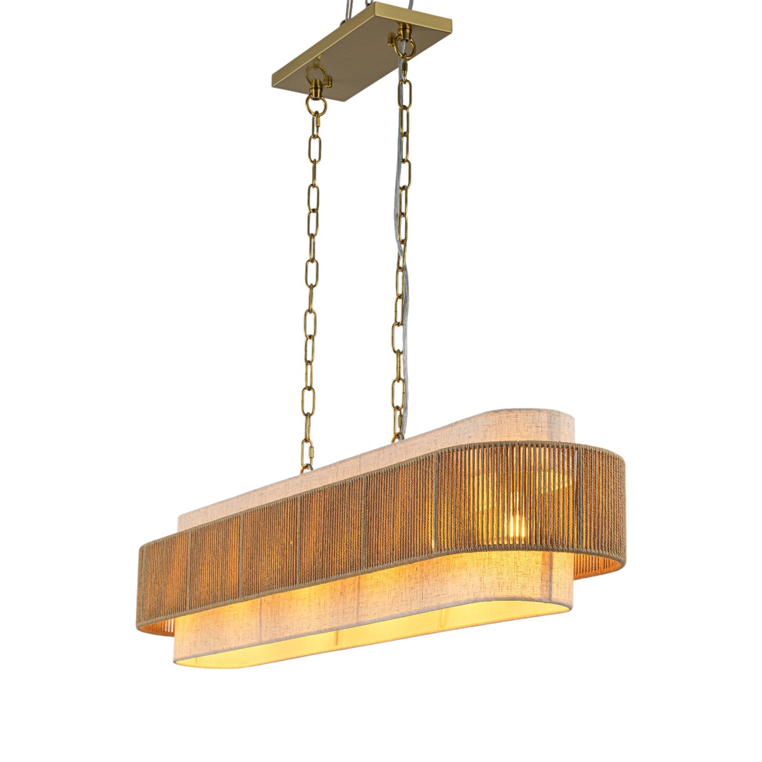 Glowlings 5-Light Vintage 42"Wide Large Aged Brass Linear Hand-woven Jute Rope Natural Fabric Chandelier