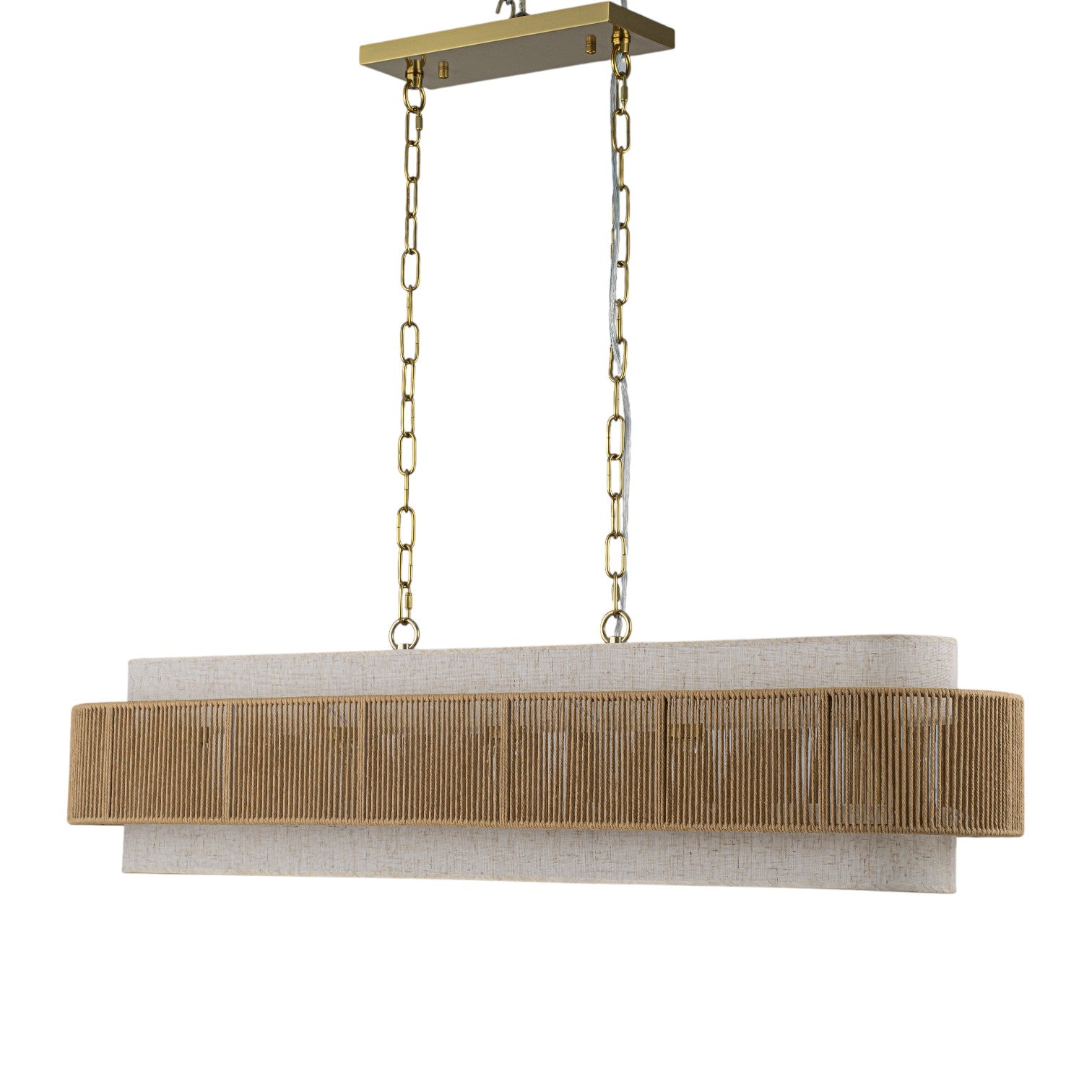 Glowlings 5-Light Vintage 42"Wide Large Aged Brass Linear Hand-woven Jute Rope Natural Fabric Chandelier