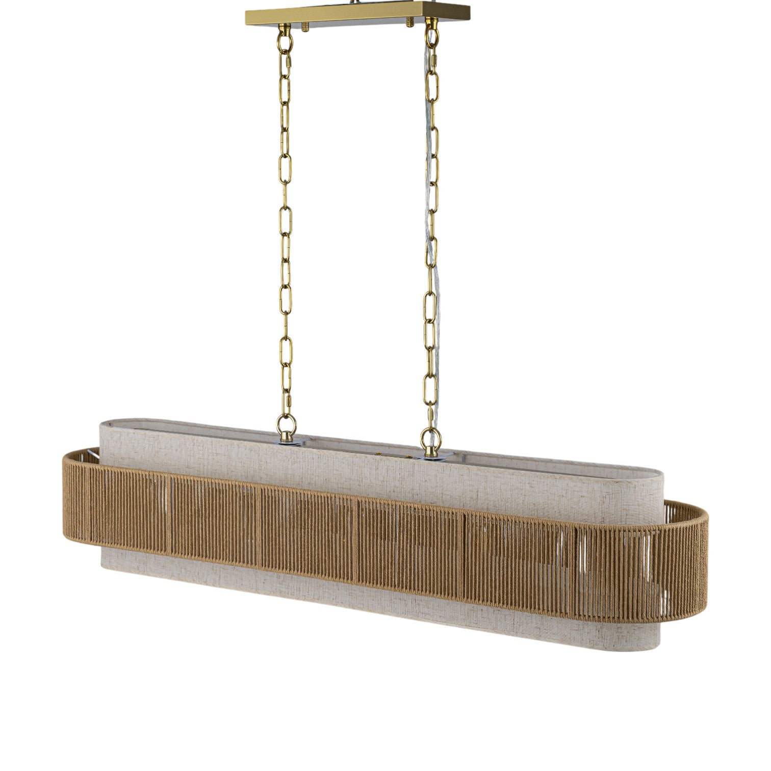 Glowlings 5-Light Vintage 42"Wide Large Aged Brass Linear Hand-woven Jute Rope Natural Fabric Chandelier