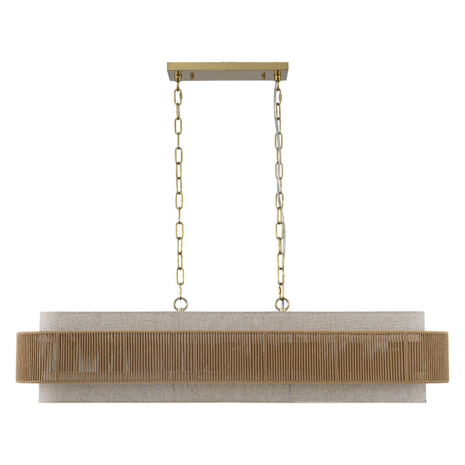 Glowlings 5-Light Vintage 42"Wide Large Aged Brass Linear Hand-woven Jute Rope Natural Fabric Chandelier