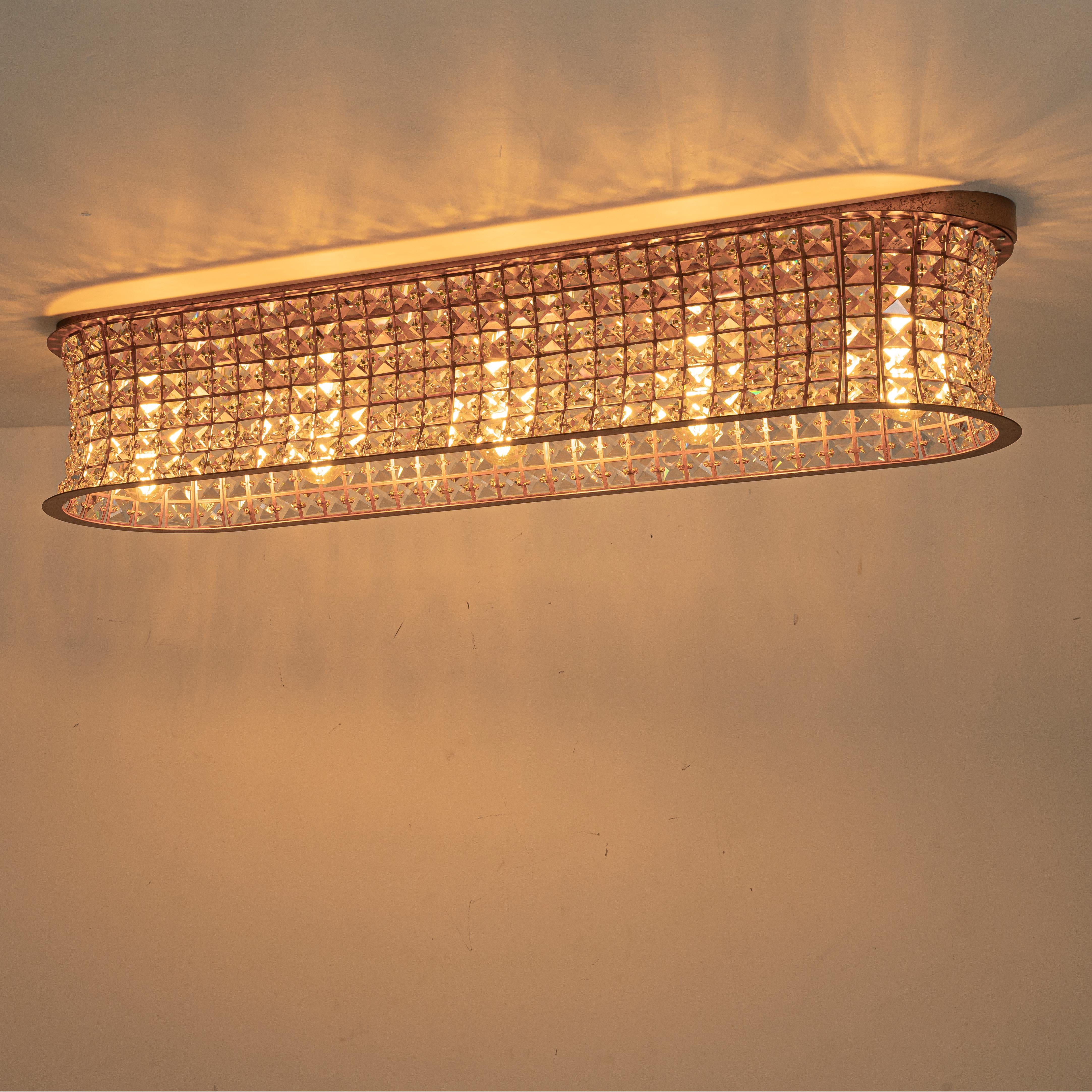 Glowlings 5-Light Vintage 35"Wide Large Antique Brass Linear Crystal Flush Mount