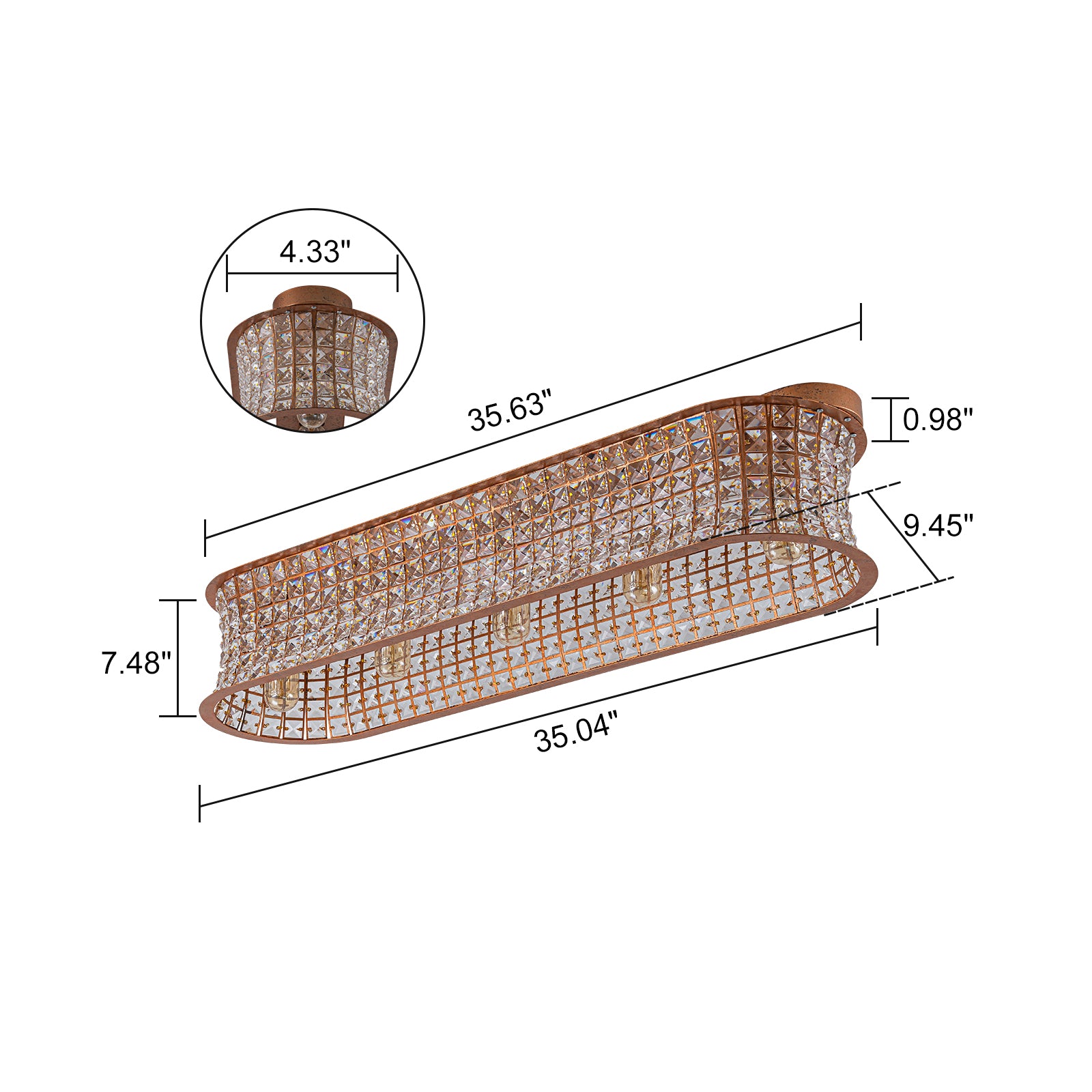 Glowlings 5-Light Vintage 35"Wide Large Antique Brass Linear Crystal Flush Mount