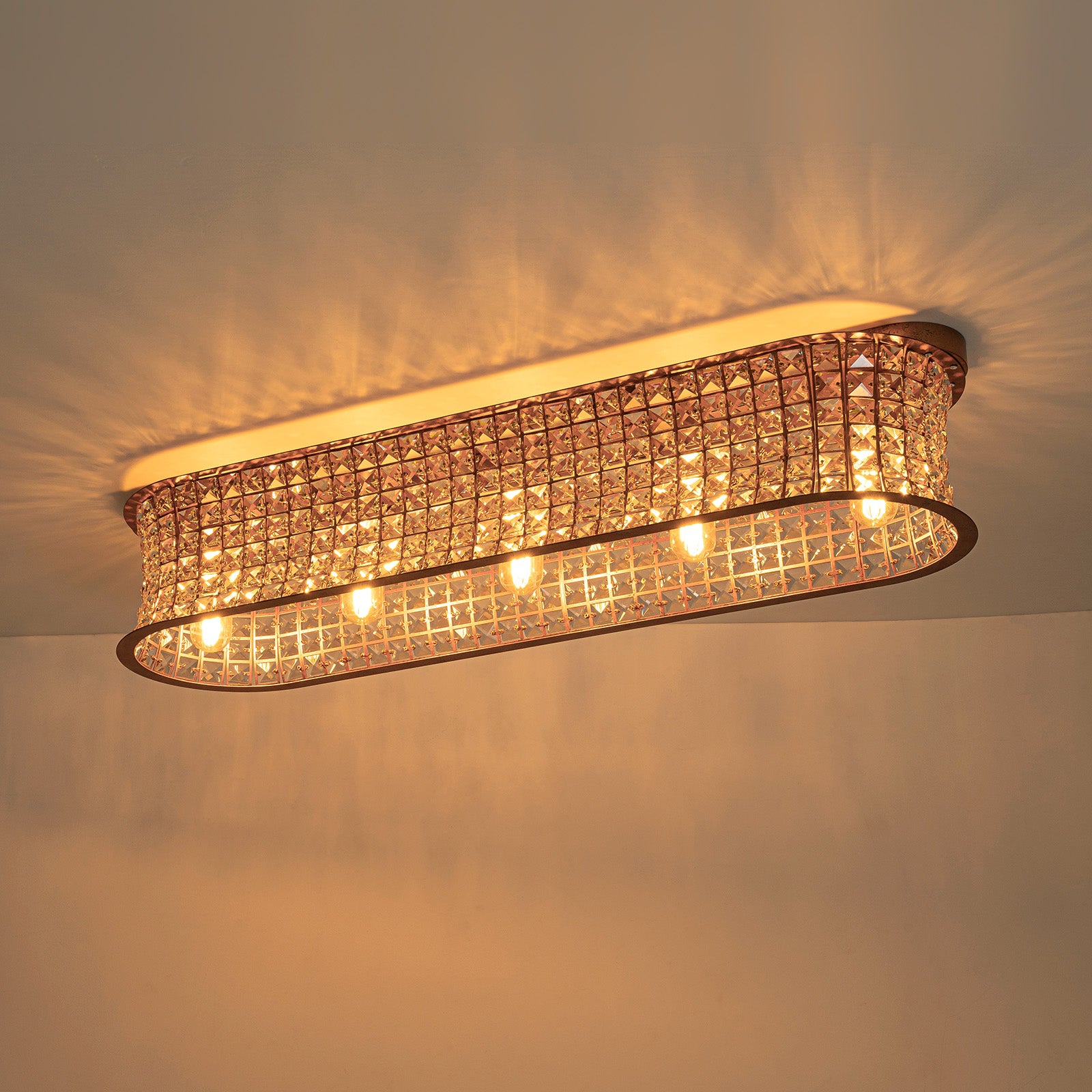 Glowlings 5-Light Vintage 35"Wide Large Antique Brass Linear Crystal Flush Mount