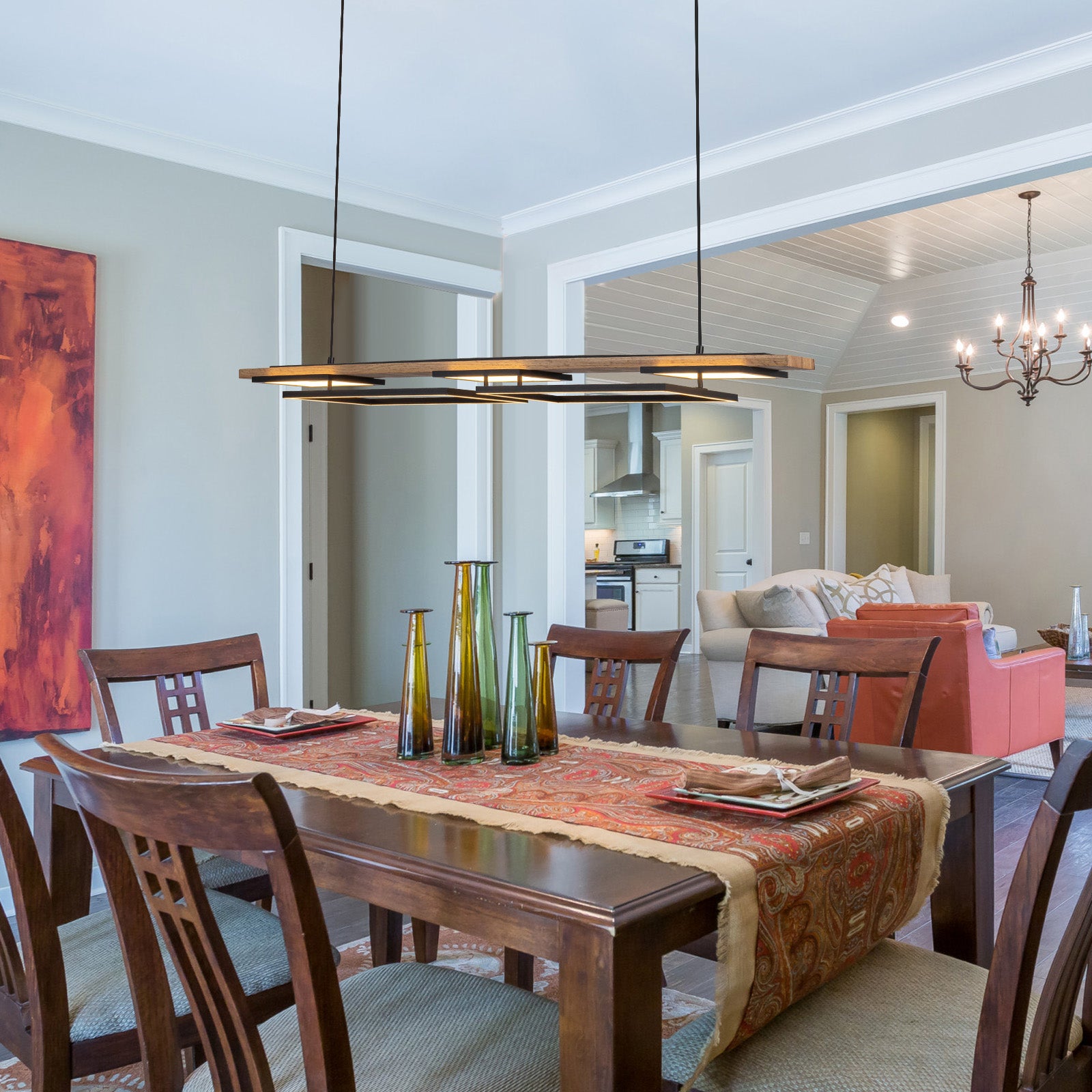 Glowlings 5-Light 50“Wide 2-Tier Rectangle LED Linear Wood Pendant Light Island Light