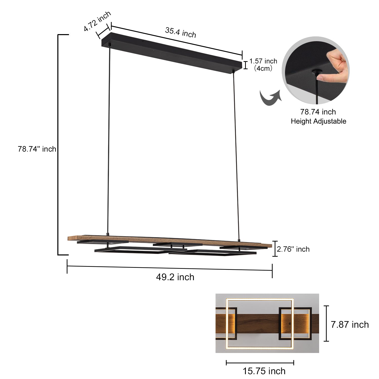 Glowlings 5-Light 50“Wide 2-Tier Rectangle LED Linear Wood Pendant Light Island Light
