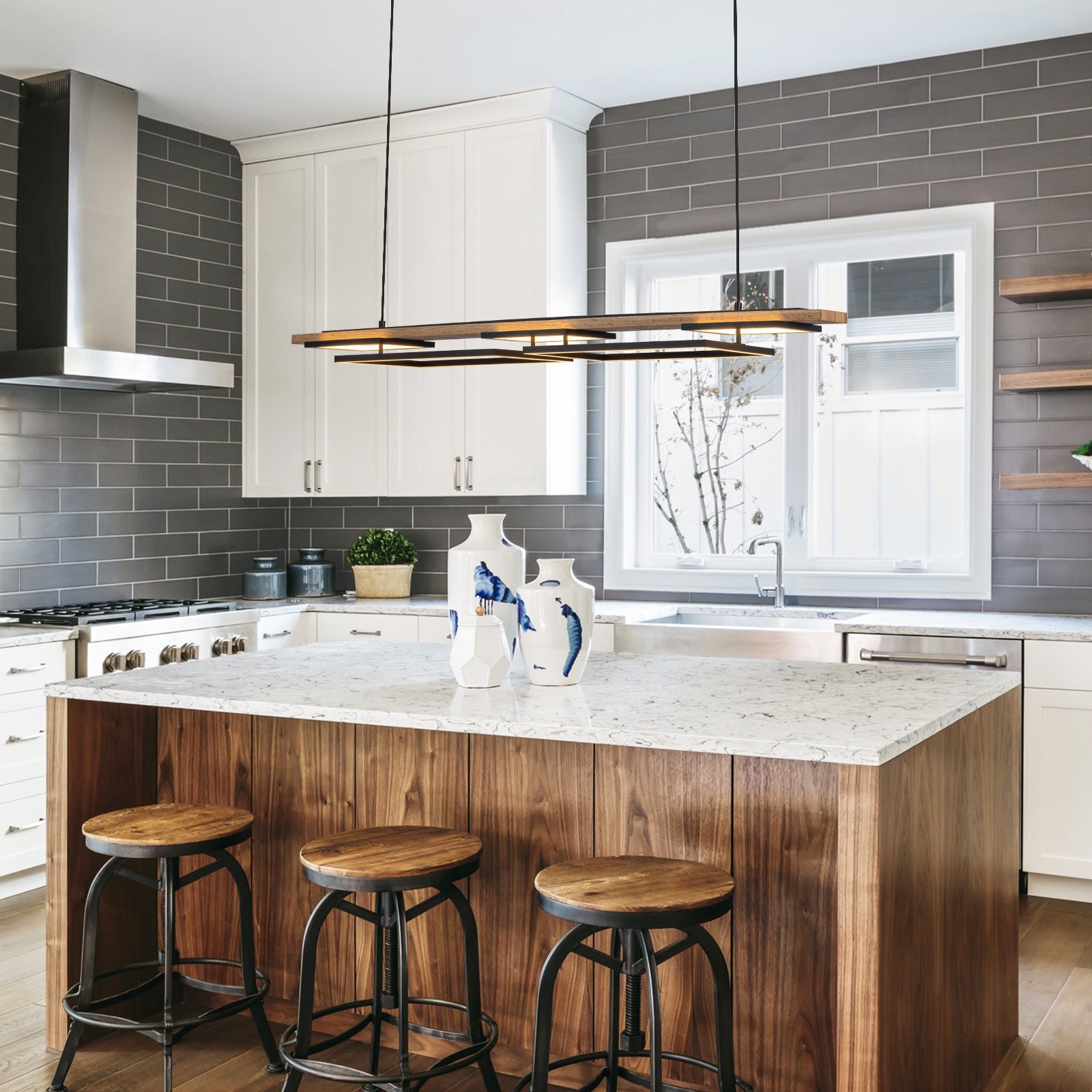 Glowlings 5-Light 50“Wide 2-Tier Rectangle LED Linear Wood Pendant Light Island Light