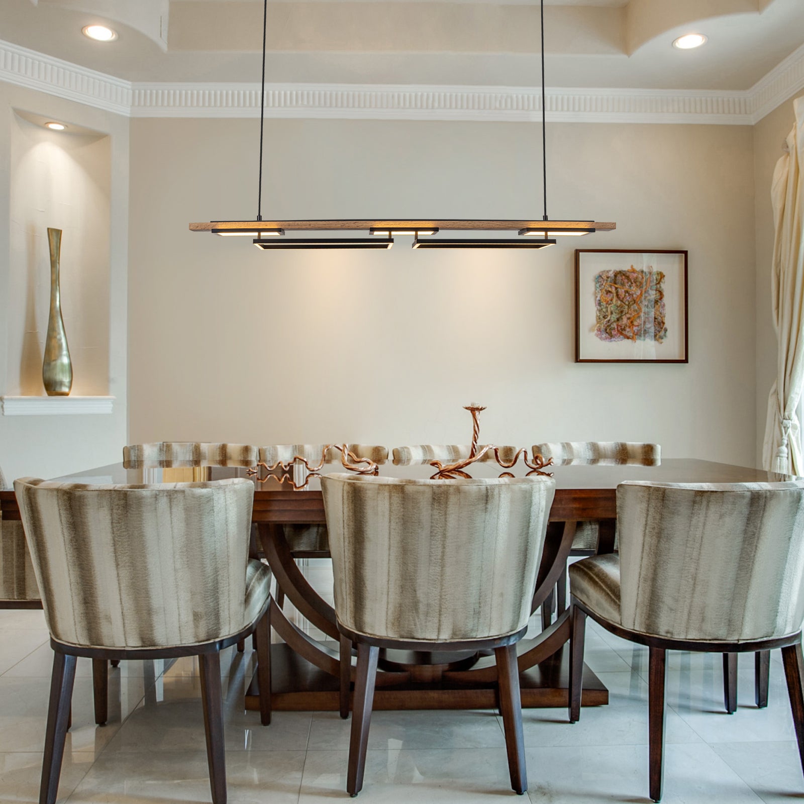 Glowlings 5-Light 50“Wide 2-Tier Rectangle LED Linear Wood Pendant Light Island Light