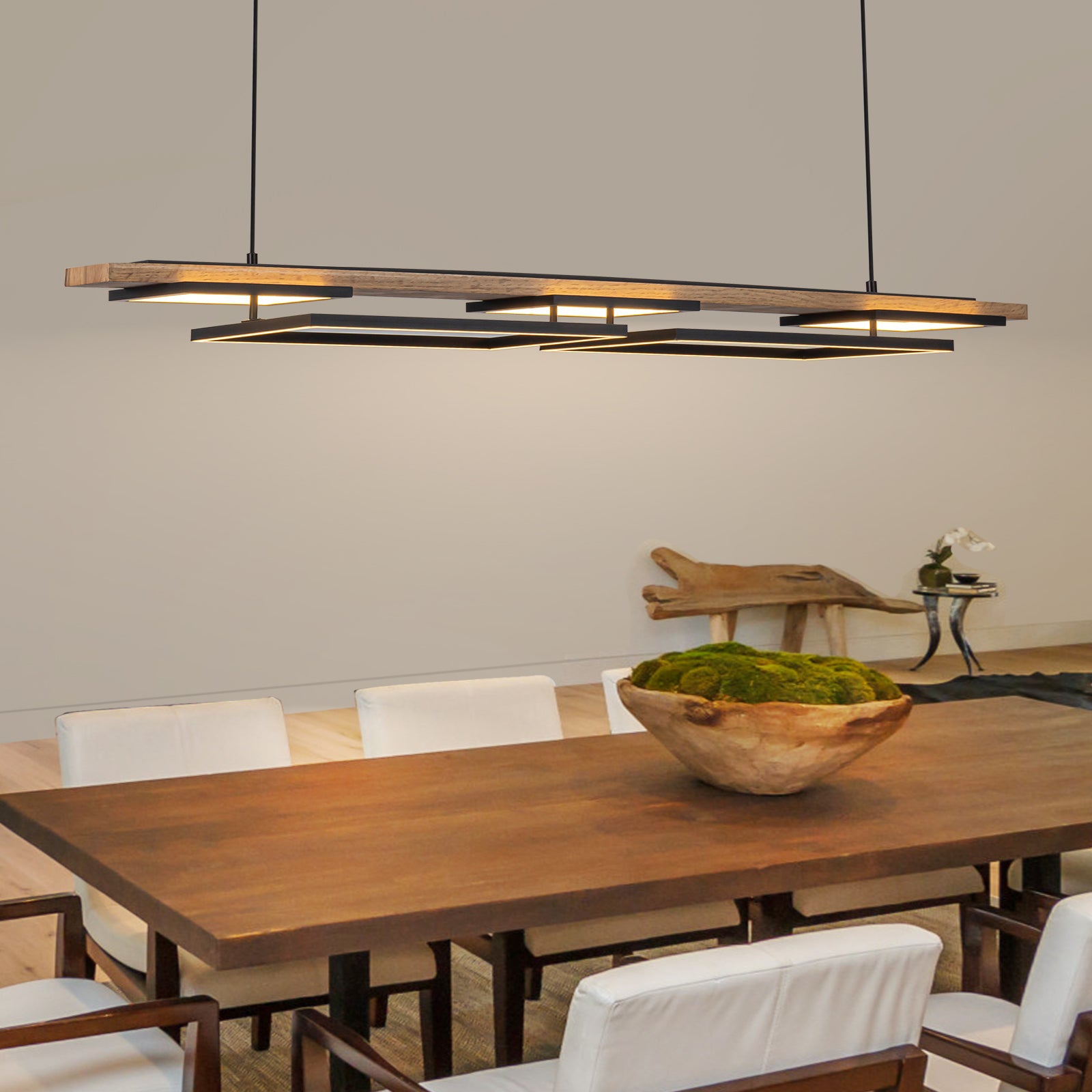 Glowlings 5-flammig 50" breit 2-stufiges rechteckiges LED-Linearholz-Pendellicht Insellicht
