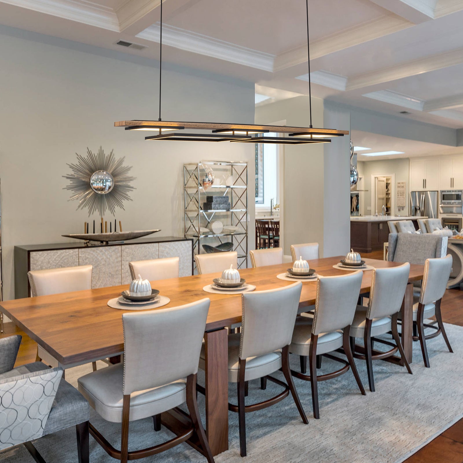 Glowlings 5-Light 50“Wide 2-Tier Rectangle LED Linear Wood Pendant Light Island Light