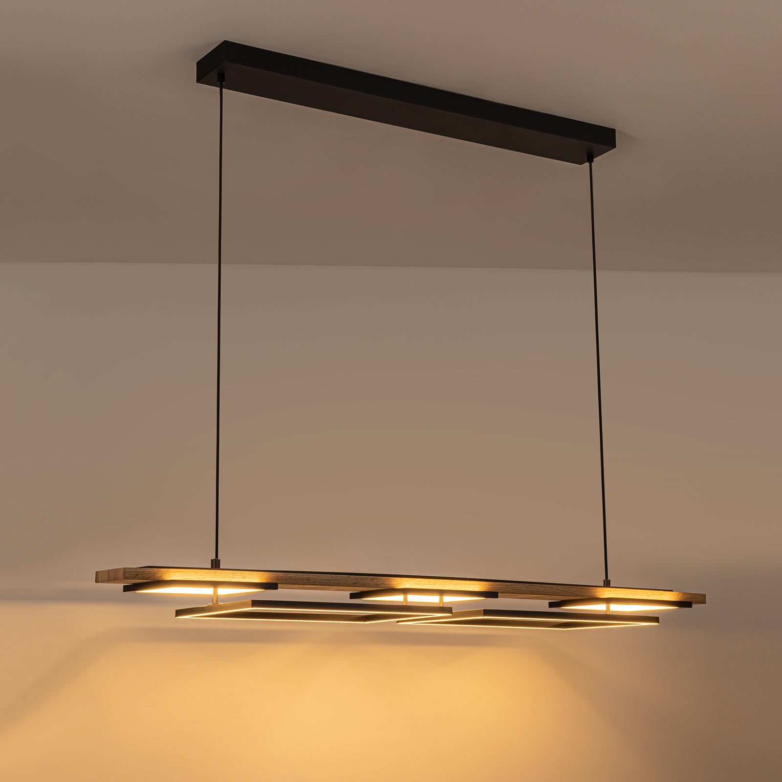 Glowlings 5-Light 50“Wide 2-Tier Rectangle LED Linear Wood Pendant Light Island Light