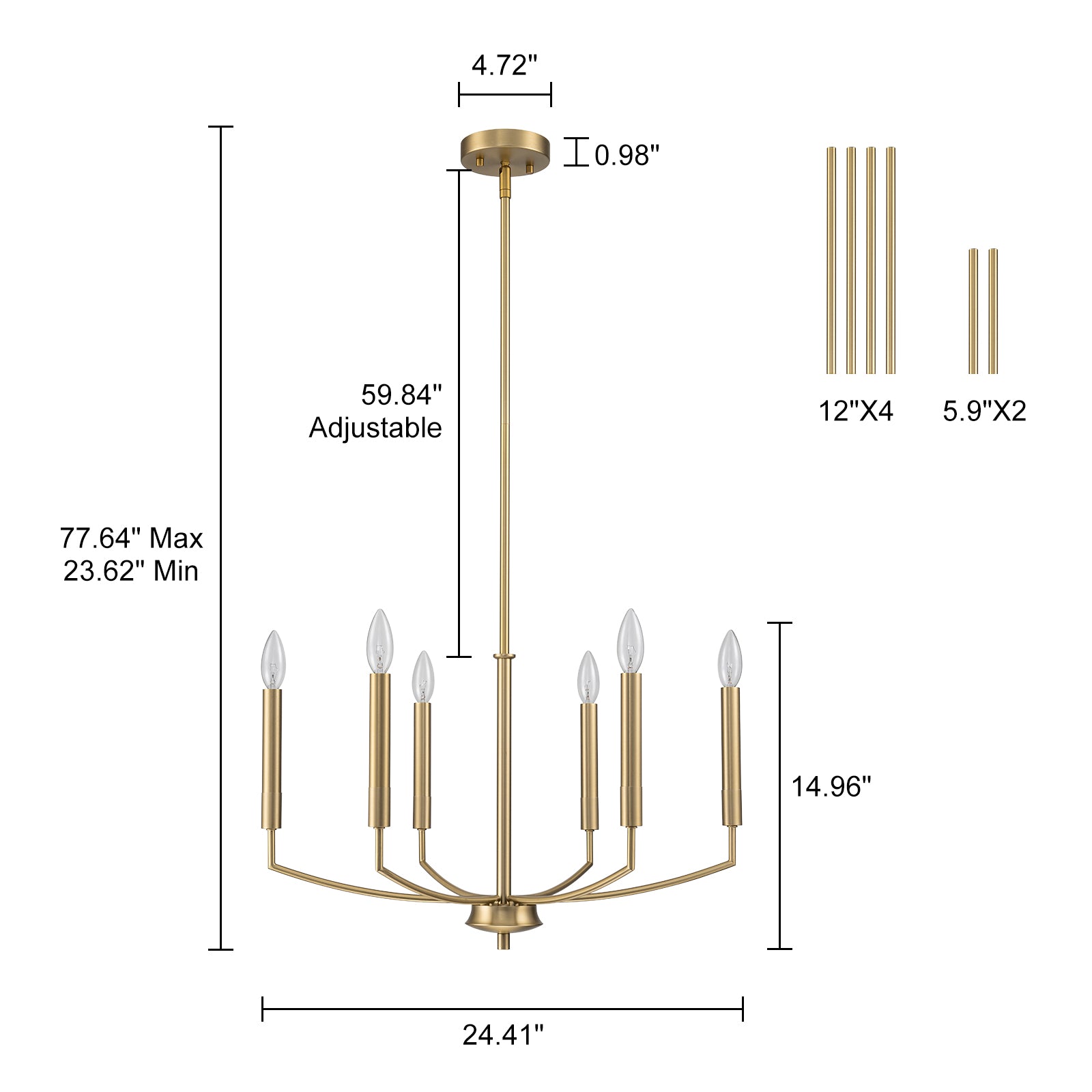 Glowlings 6-flammiger klassischer 25" breiter Kronleuchter im Kerzenstil aus gebürstetem Gold