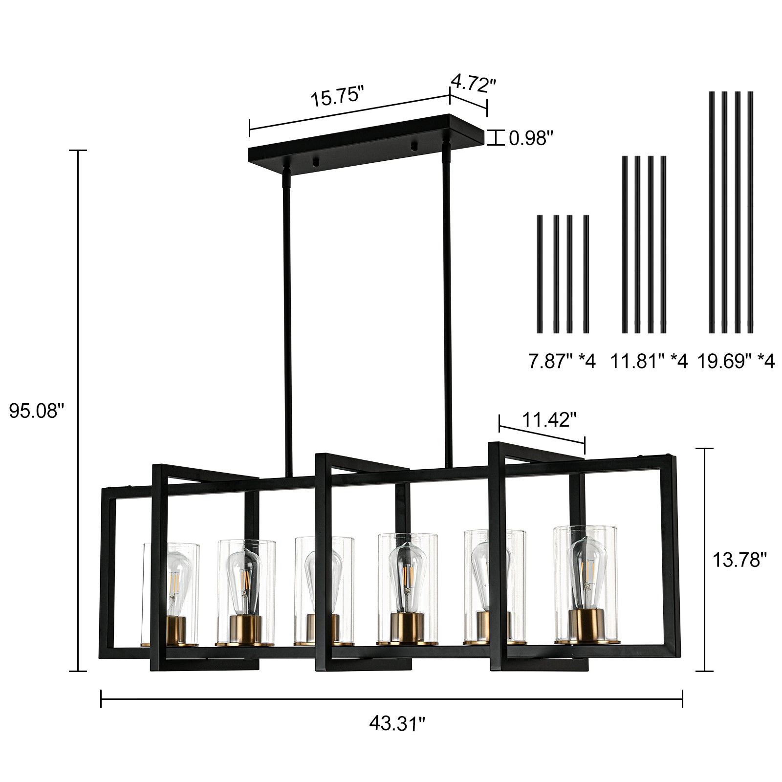 Glowlings 6-flammige Farmhouse-Pendelleuchte, 109,2 cm breit, groß, rechteckig, linear, mit klarem Glas