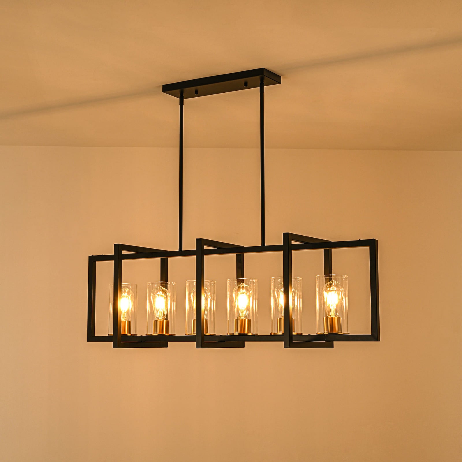 Glowlings 6-flammige Farmhouse-Pendelleuchte, 109,2 cm breit, groß, rechteckig, linear, mit klarem Glas