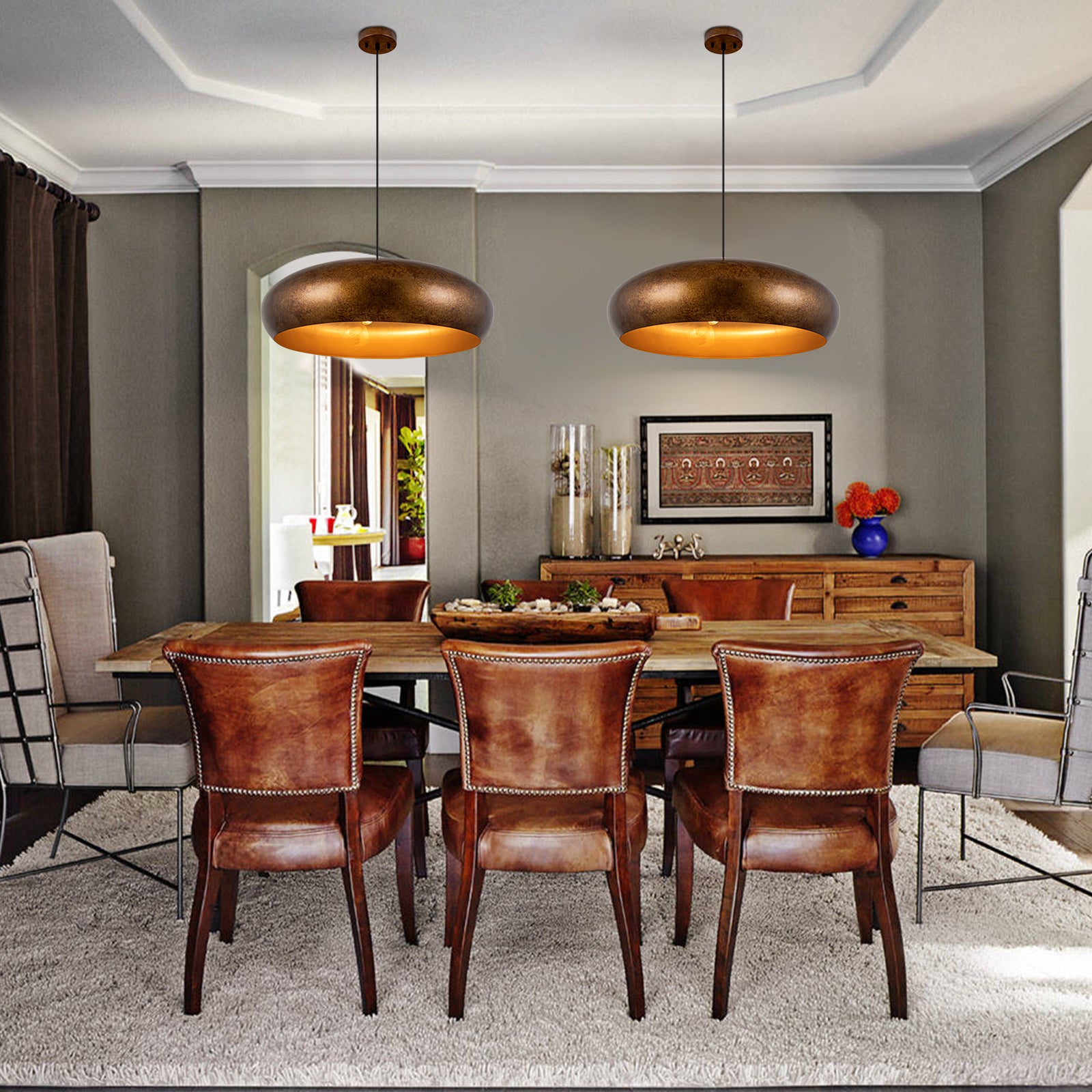 Glowlings 6-Light Industrial 26"Wide Oversized Antique Textured Gold Dome Copper Pendant Light