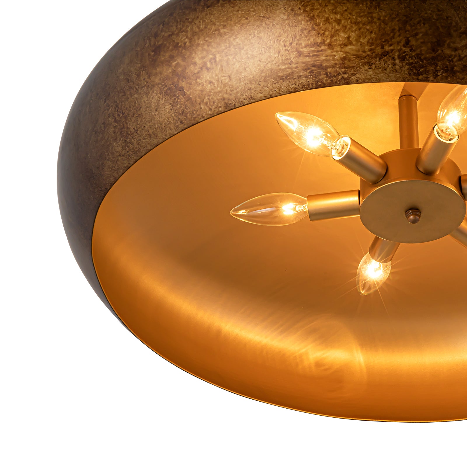 Glowlings 6-flammige Industrie-Pendelleuchte, 66 cm breit, übergroß, antik, strukturiert, goldfarbene Kuppel, Kupfer, Inselleuchte