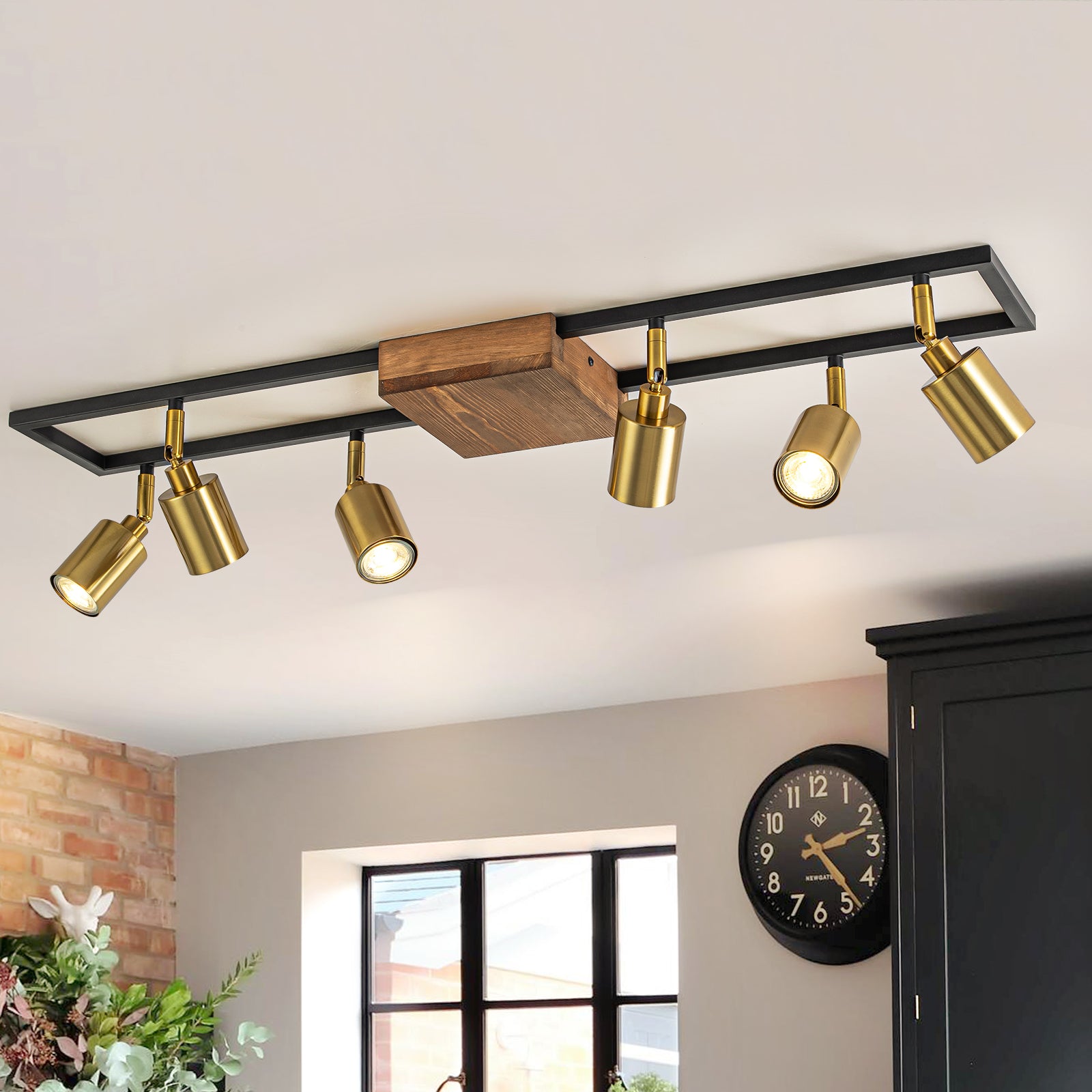 Glowlings 6-Light Farmhouse 34"Wide Brass Linear Wooden Flush Mount Spotlight LED Track Lighting