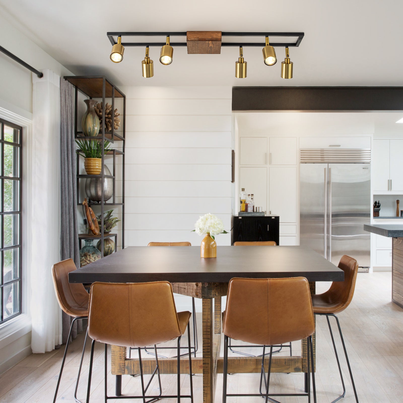 Glowlings 6-Light Farmhouse 34"Wide Brass Linear Wooden Flush Mount Spotlight LED Track Lighting