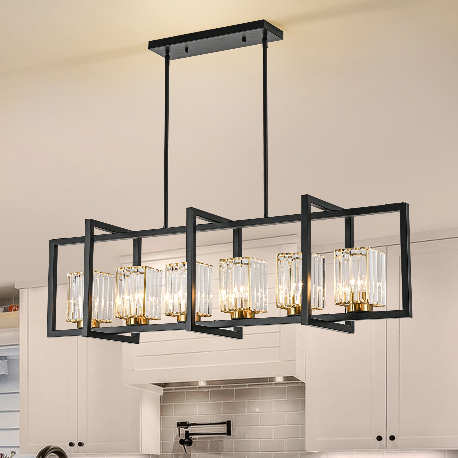 Glowlings 6-flammige Vintage-Pendelleuchte, 119,4 cm breit, groß, rechteckig, schwarz, Kristall, linear, Inselleuchte