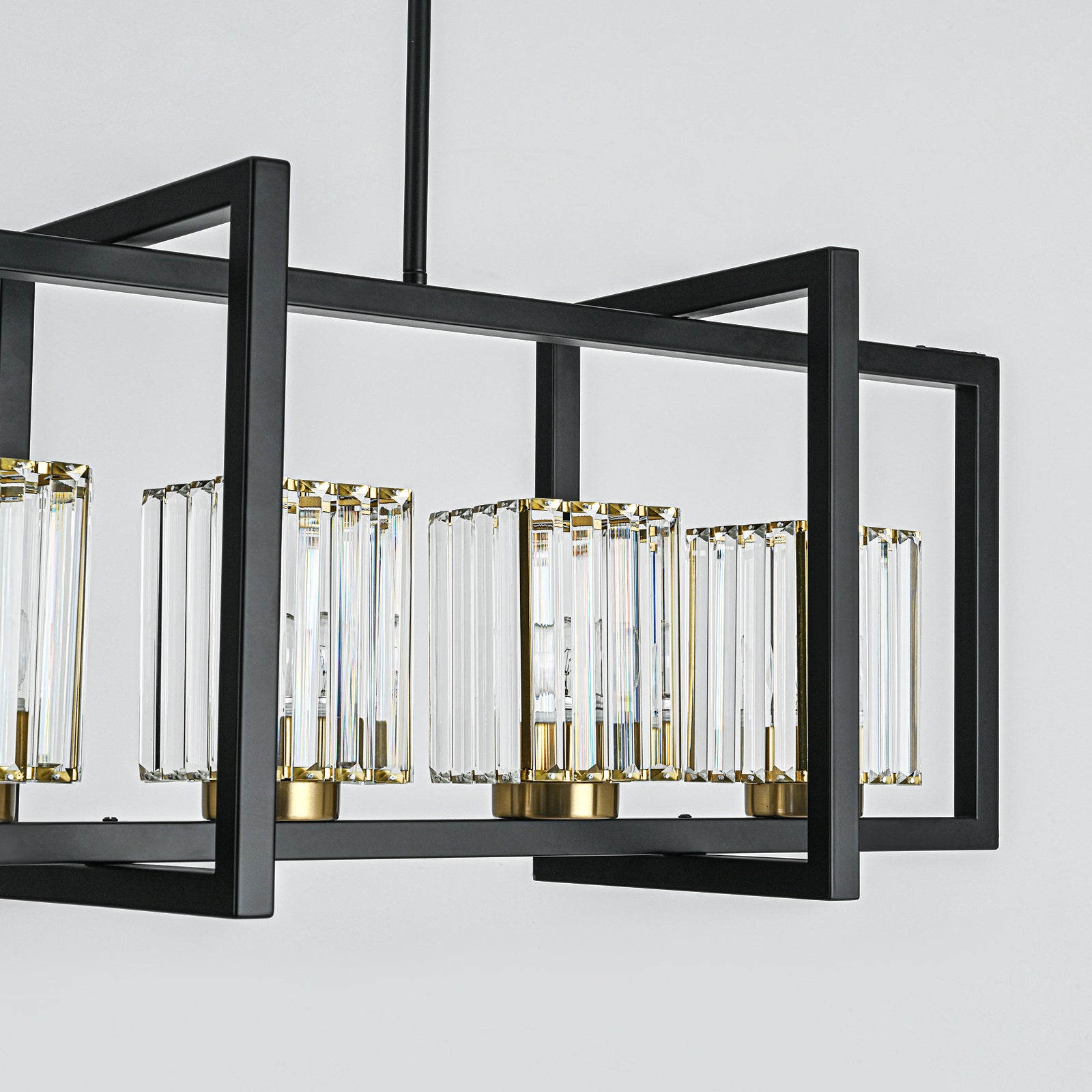 Glowlings 6-flammige Vintage-Pendelleuchte, 119,4 cm breit, groß, rechteckig, schwarz, Kristall, linear, Inselleuchte