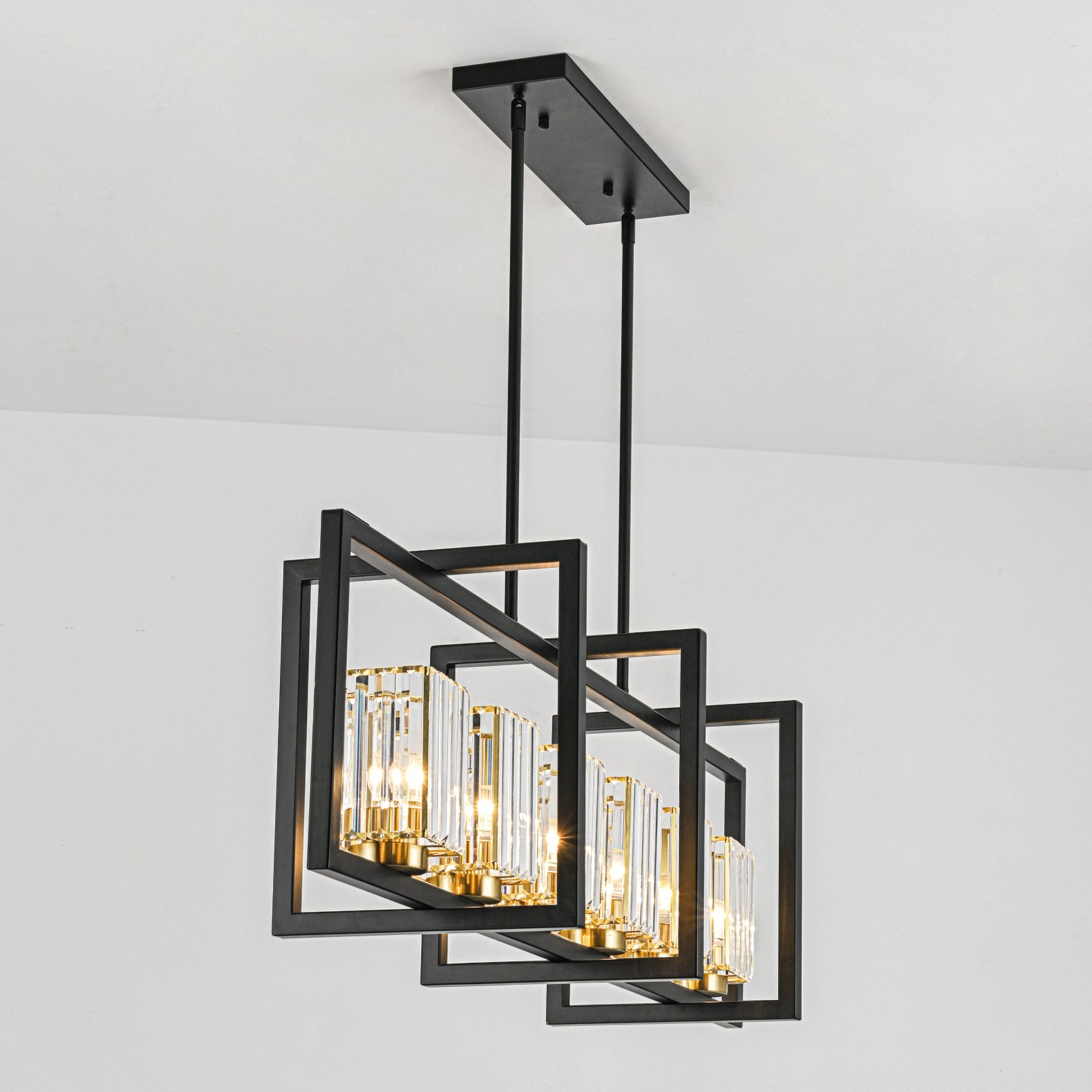Glowlings 6-flammige Vintage-Pendelleuchte, 119,4 cm breit, groß, rechteckig, schwarz, Kristall, linear, Inselleuchte