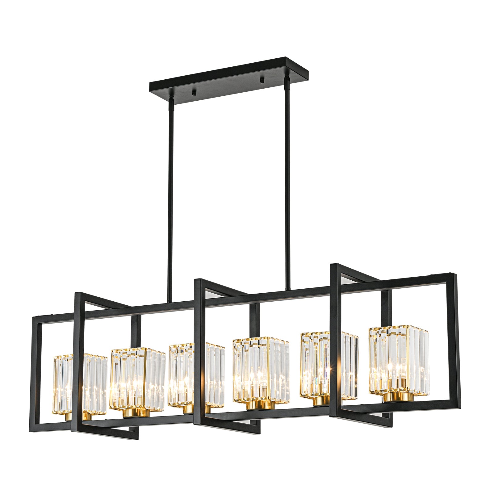 Glowlings 6-flammige Vintage-Pendelleuchte, 119,4 cm breit, groß, rechteckig, schwarz, Kristall, linear, Inselleuchte