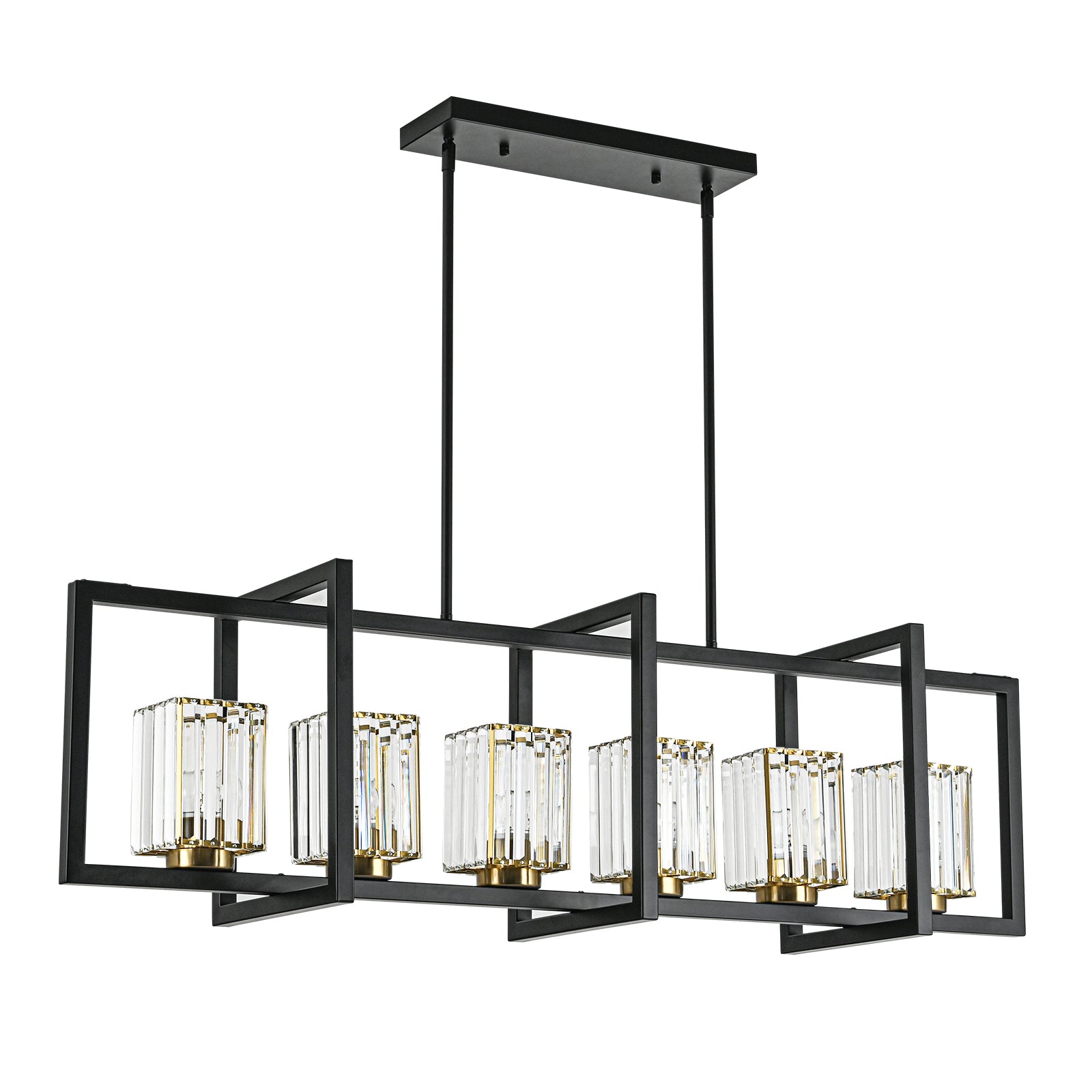 Glowlings 6-flammige Vintage-Pendelleuchte, 119,4 cm breit, groß, rechteckig, schwarz, Kristall, linear, Inselleuchte