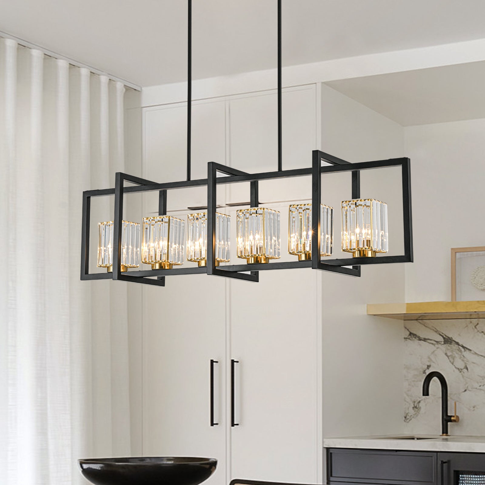 Glowlings 6-flammige Vintage-Pendelleuchte, 119,4 cm breit, groß, rechteckig, schwarz, Kristall, linear, Inselleuchte