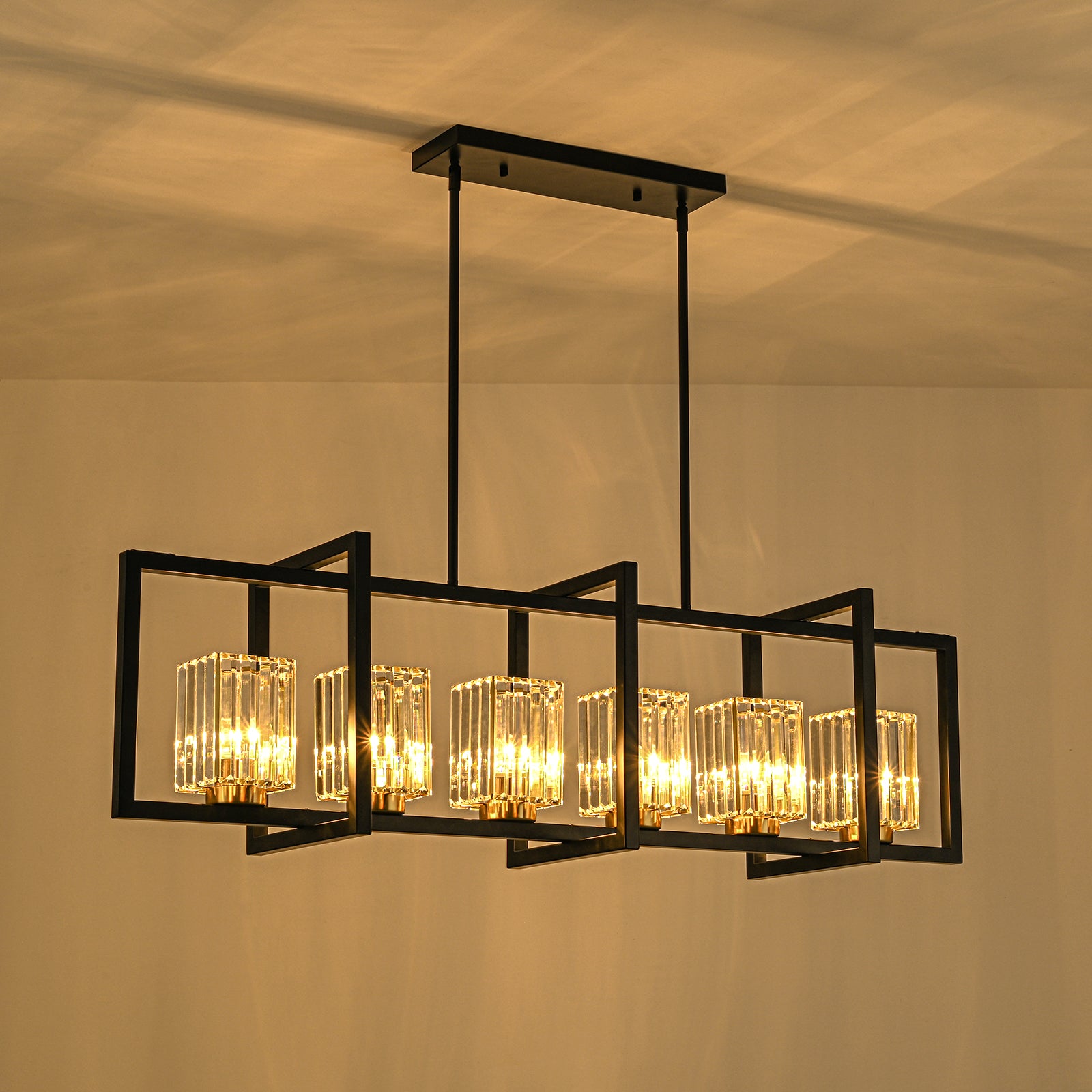 Glowlings 6-flammige Vintage-Pendelleuchte, 119,4 cm breit, groß, rechteckig, schwarz, Kristall, linear, Inselleuchte