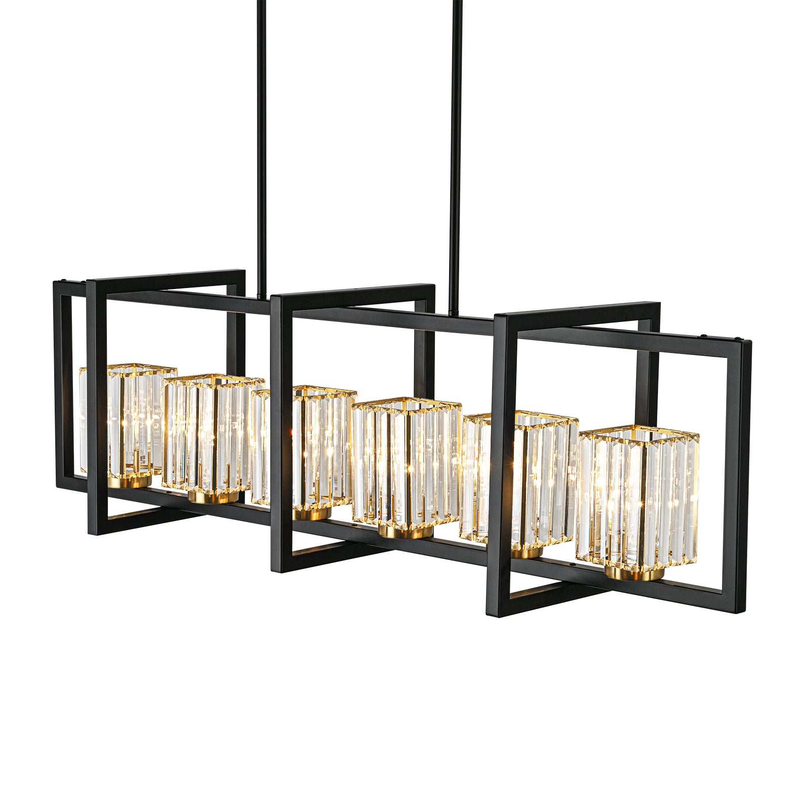 Glowlings 6-flammige Vintage-Pendelleuchte, 119,4 cm breit, groß, rechteckig, schwarz, Kristall, linear, Inselleuchte
