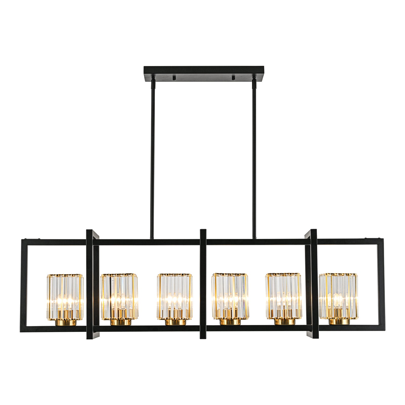 Glowlings 6-flammige Vintage-Pendelleuchte, 119,4 cm breit, groß, rechteckig, schwarz, Kristall, linear, Inselleuchte